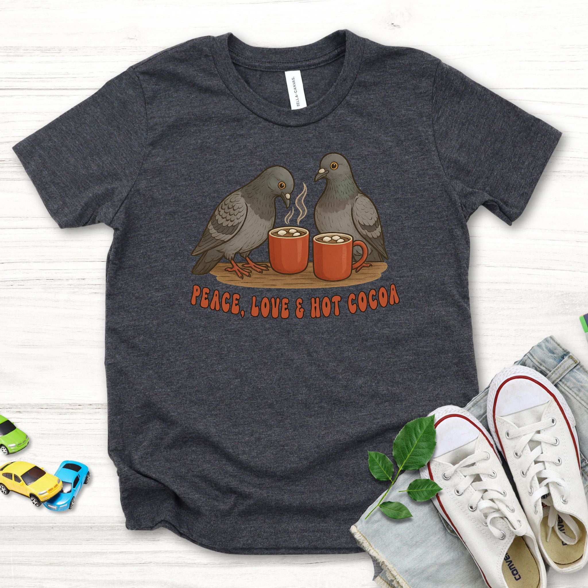 Peace, Love & Hot Cocoa Youth T-Shirt – Cozy Pigeon Holiday Vibes