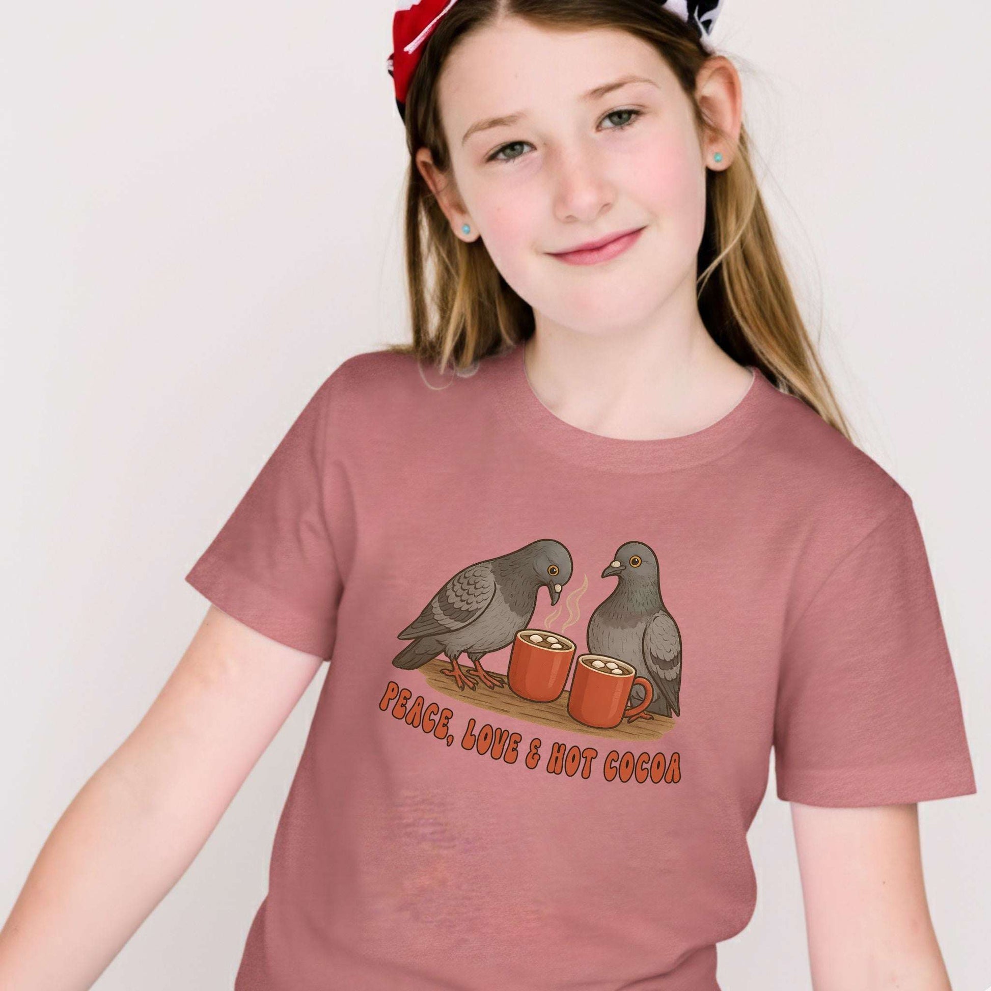 Peace, Love & Hot Cocoa Youth T-Shirt – Cozy Pigeon Holiday Vibes