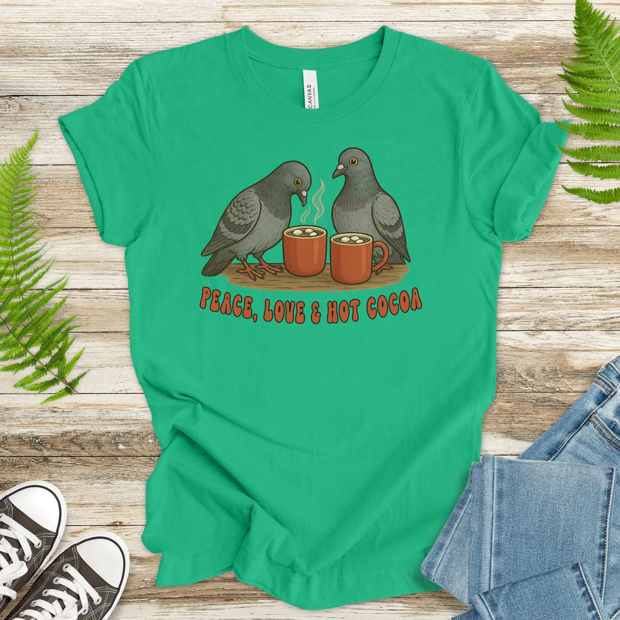 Peace, Love & Hot Cocoa T-Shirt – Cozy Pigeon Christmas Tee