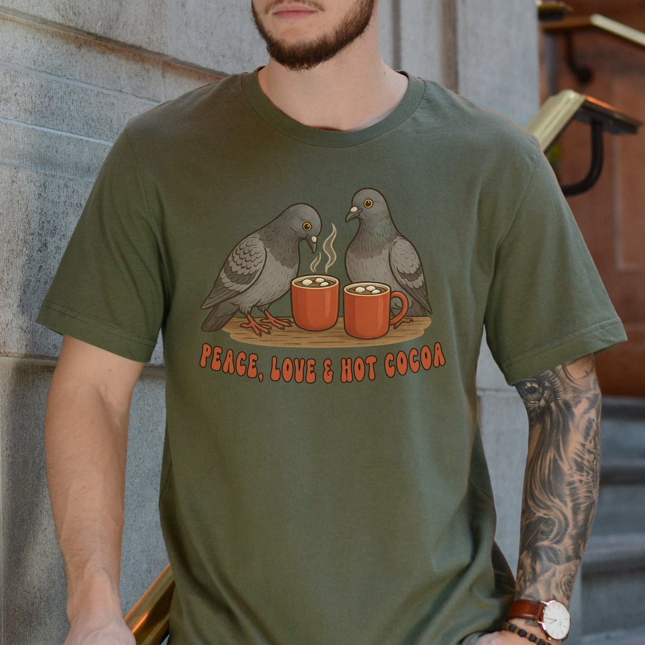 Peace, Love & Hot Cocoa T-Shirt – Cozy Pigeon Christmas Tee