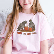 Peace, Love & Hot Cocoa Youth T-Shirt – Cozy Pigeon Holiday Vibes