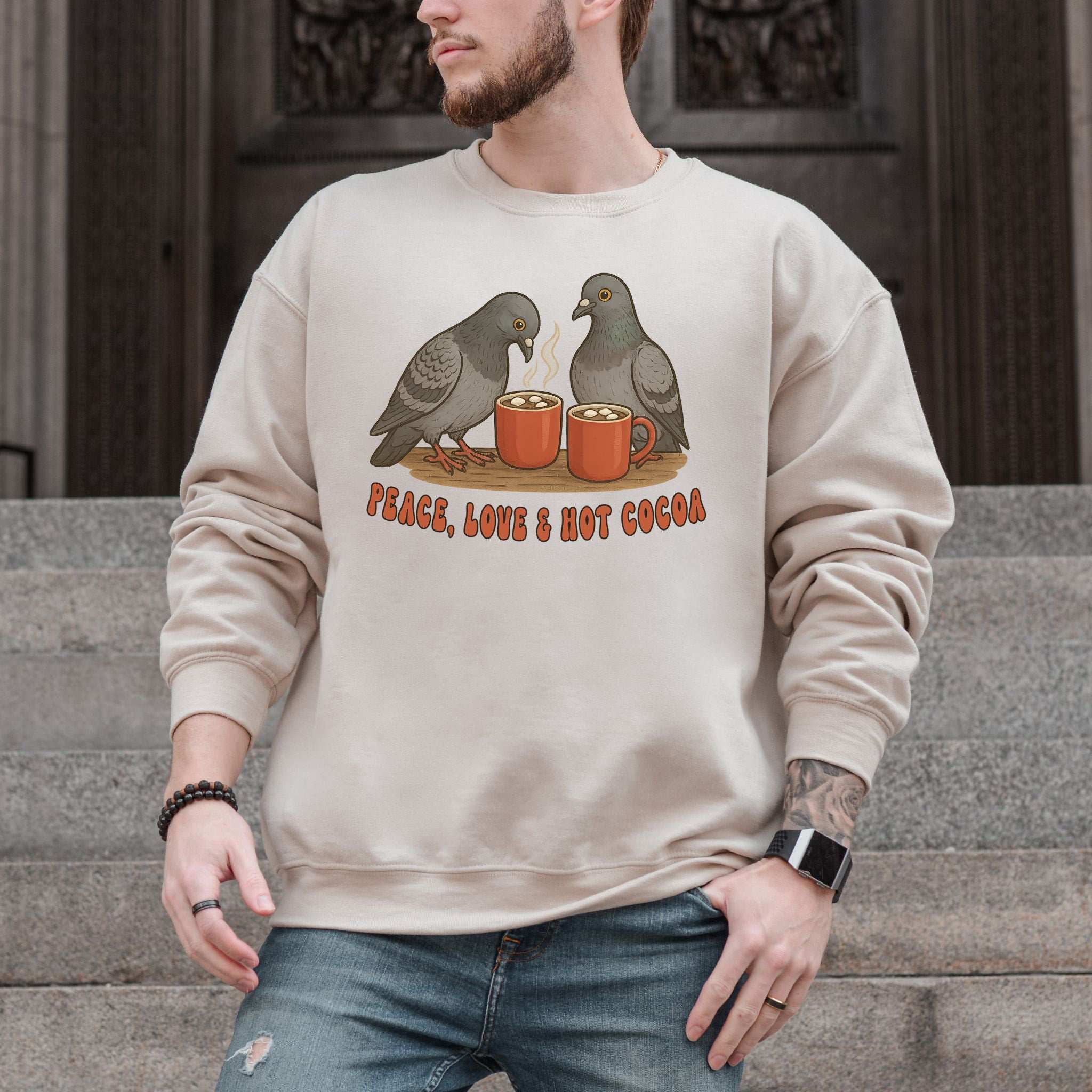Peace, Love & Hot Cocoa Sweatshirt – Cozy Pigeon Christmas Gift