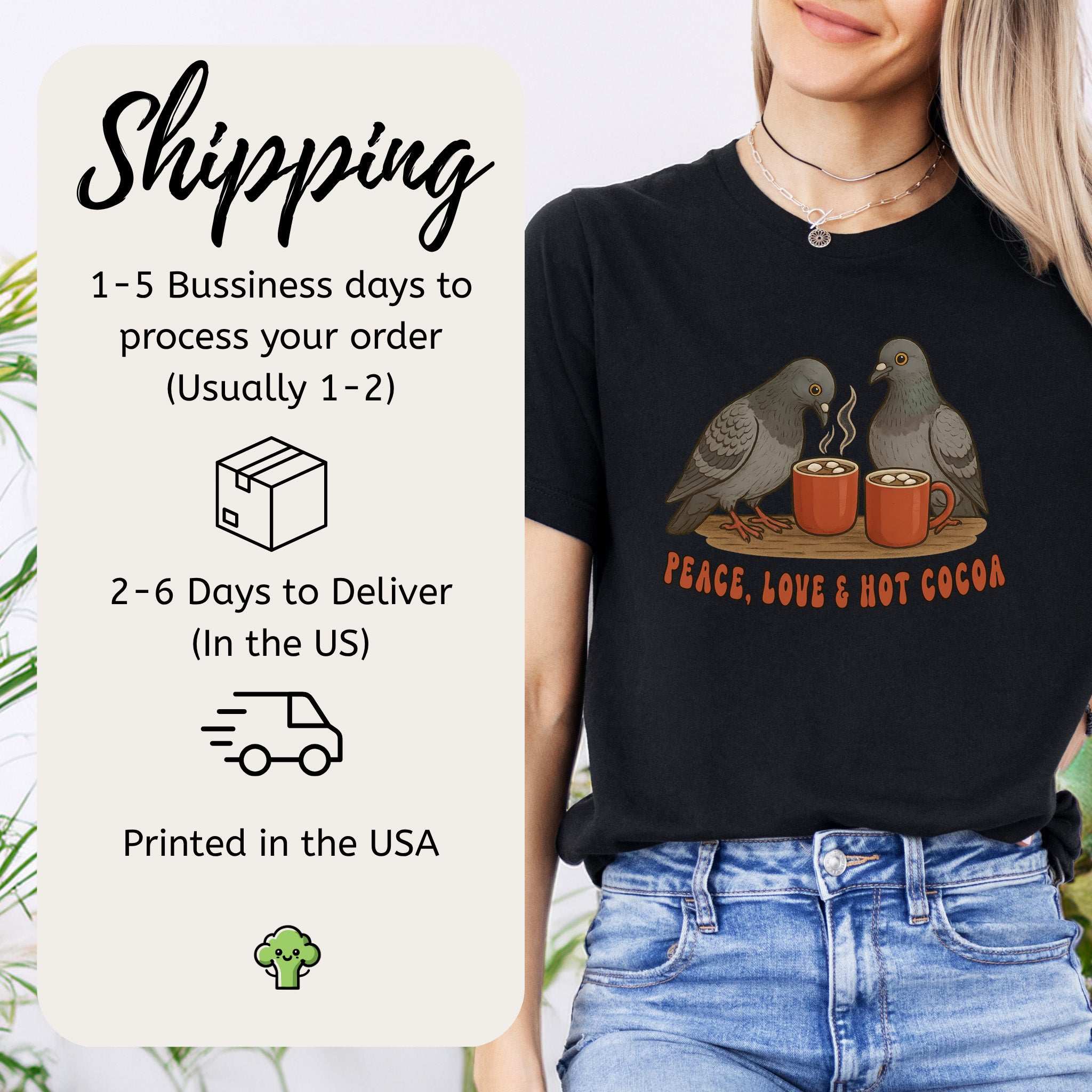 Peace, Love & Hot Cocoa T-Shirt – Cozy Pigeon Christmas Tee