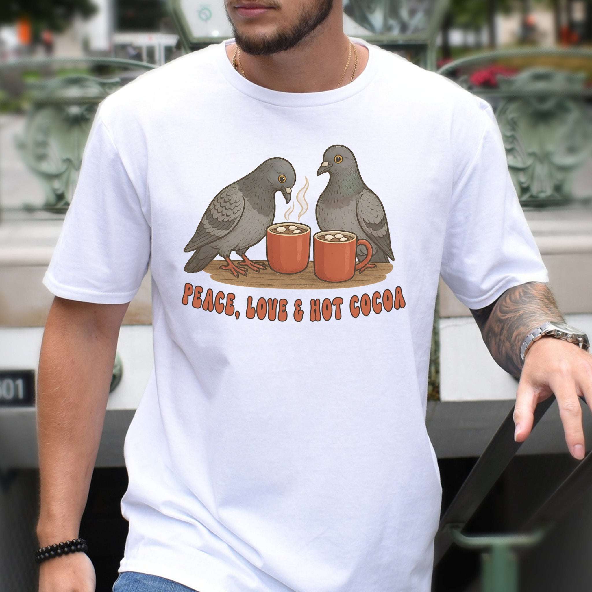 Peace, Love & Hot Cocoa T-Shirt – Cozy Pigeon Christmas Tee