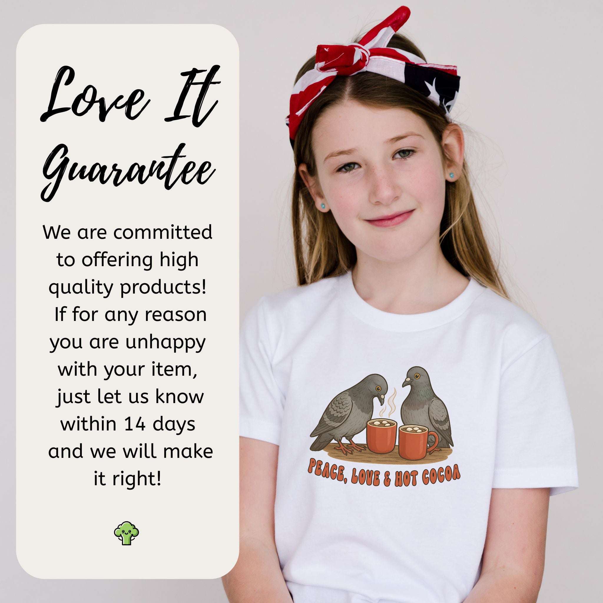 Peace, Love & Hot Cocoa Youth T-Shirt – Cozy Pigeon Holiday Vibes