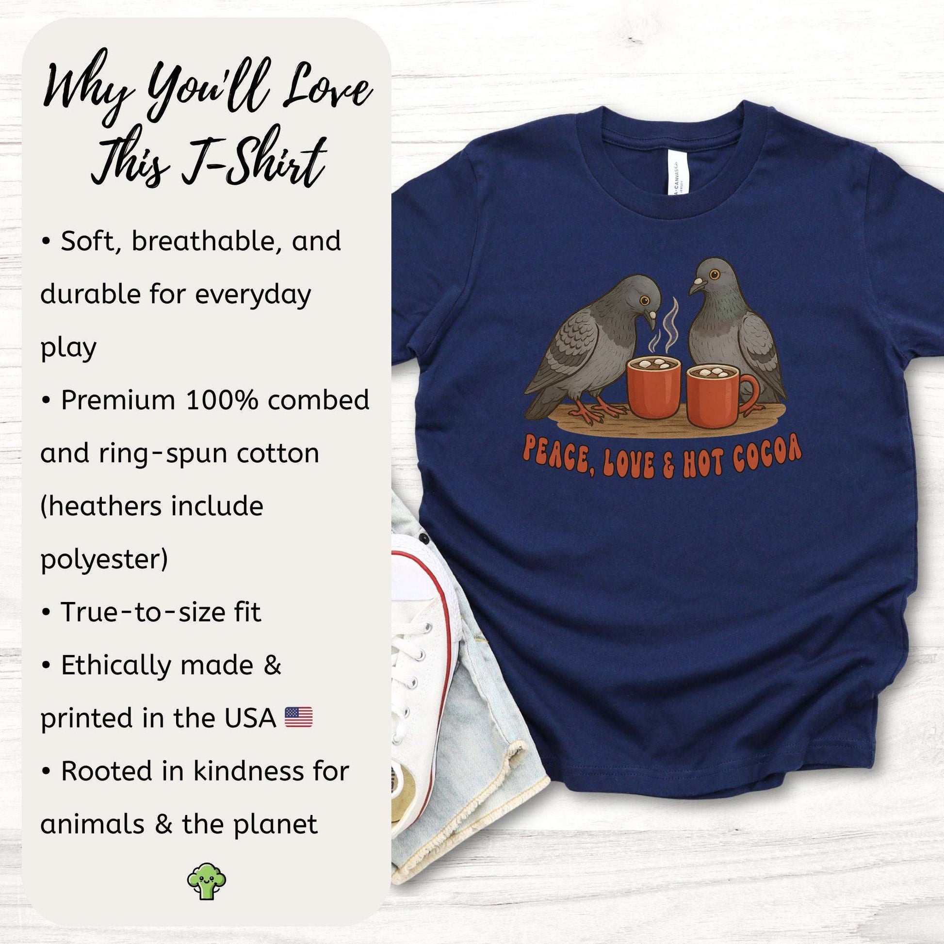 Peace, Love & Hot Cocoa Youth T-Shirt – Cozy Pigeon Holiday Vibes