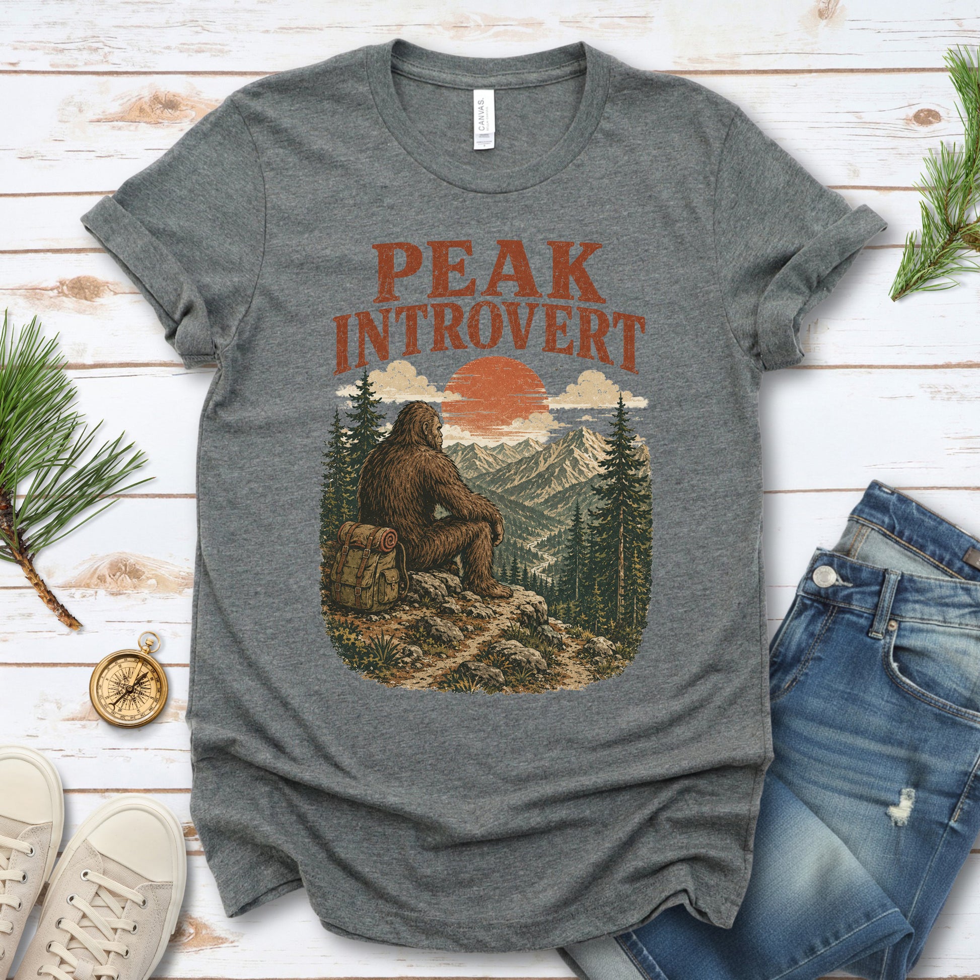 Peak Introvert Bigfoot Sasquatch Retro Mountain Hiking Humor T-Shirt