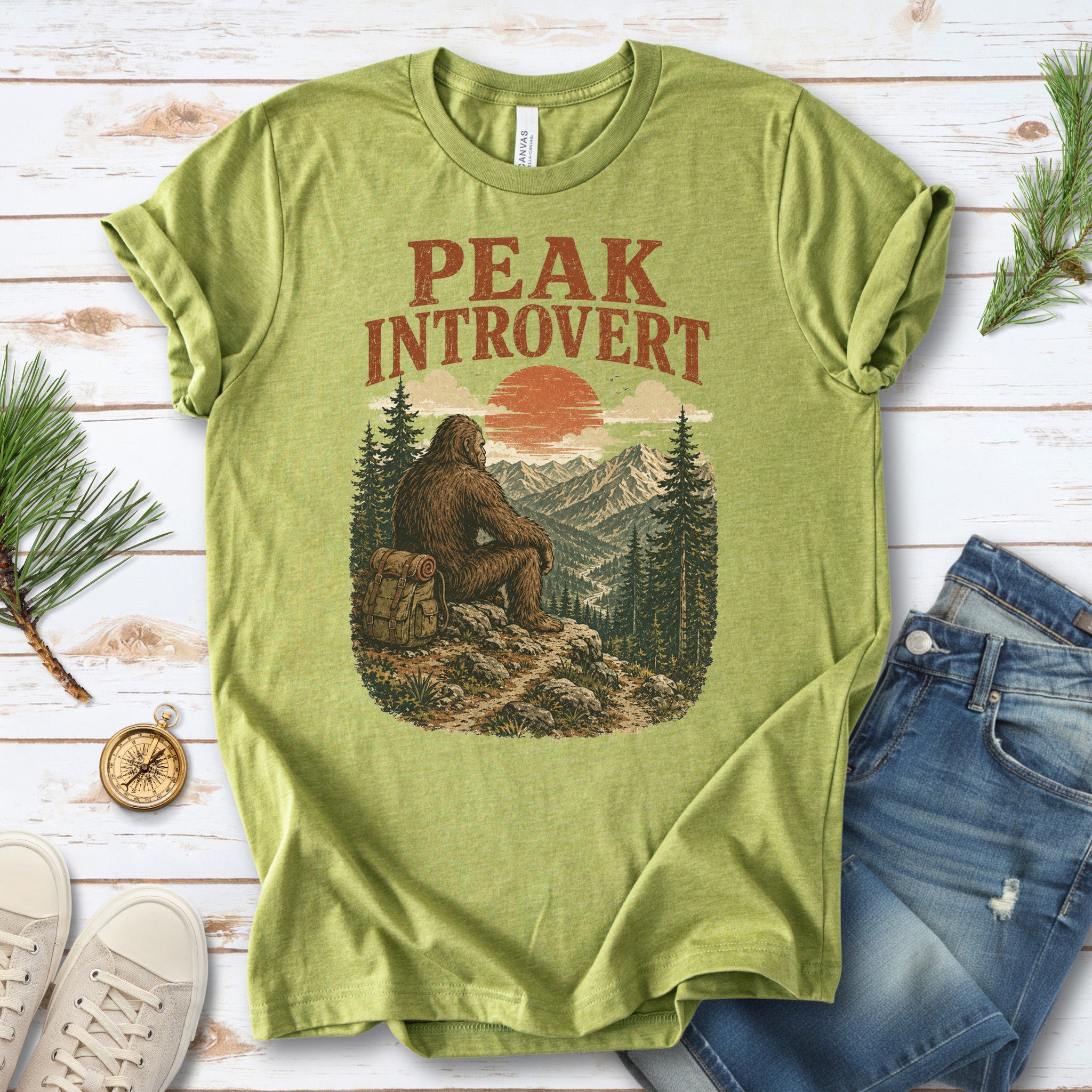 Peak Introvert Bigfoot Sasquatch Retro Mountain Hiking Humor T-Shirt