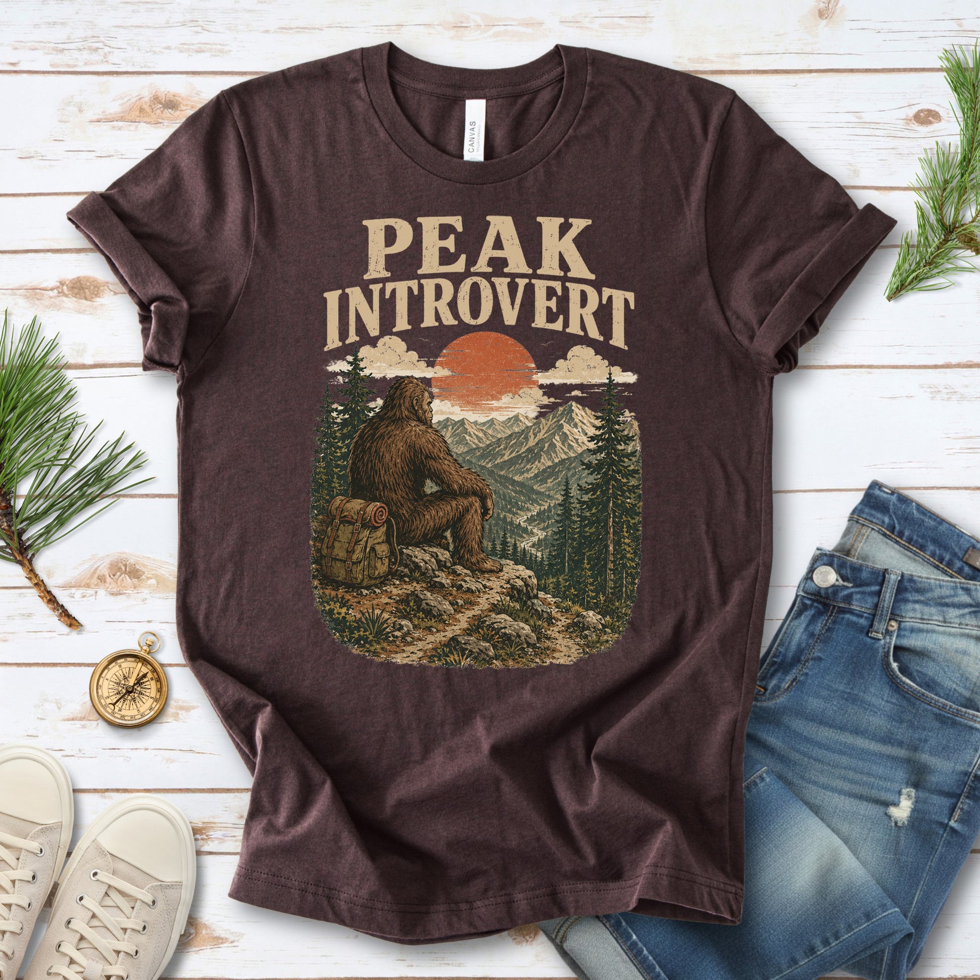 Peak Introvert Bigfoot Sasquatch Retro Mountain Hiking Humor T-Shirt