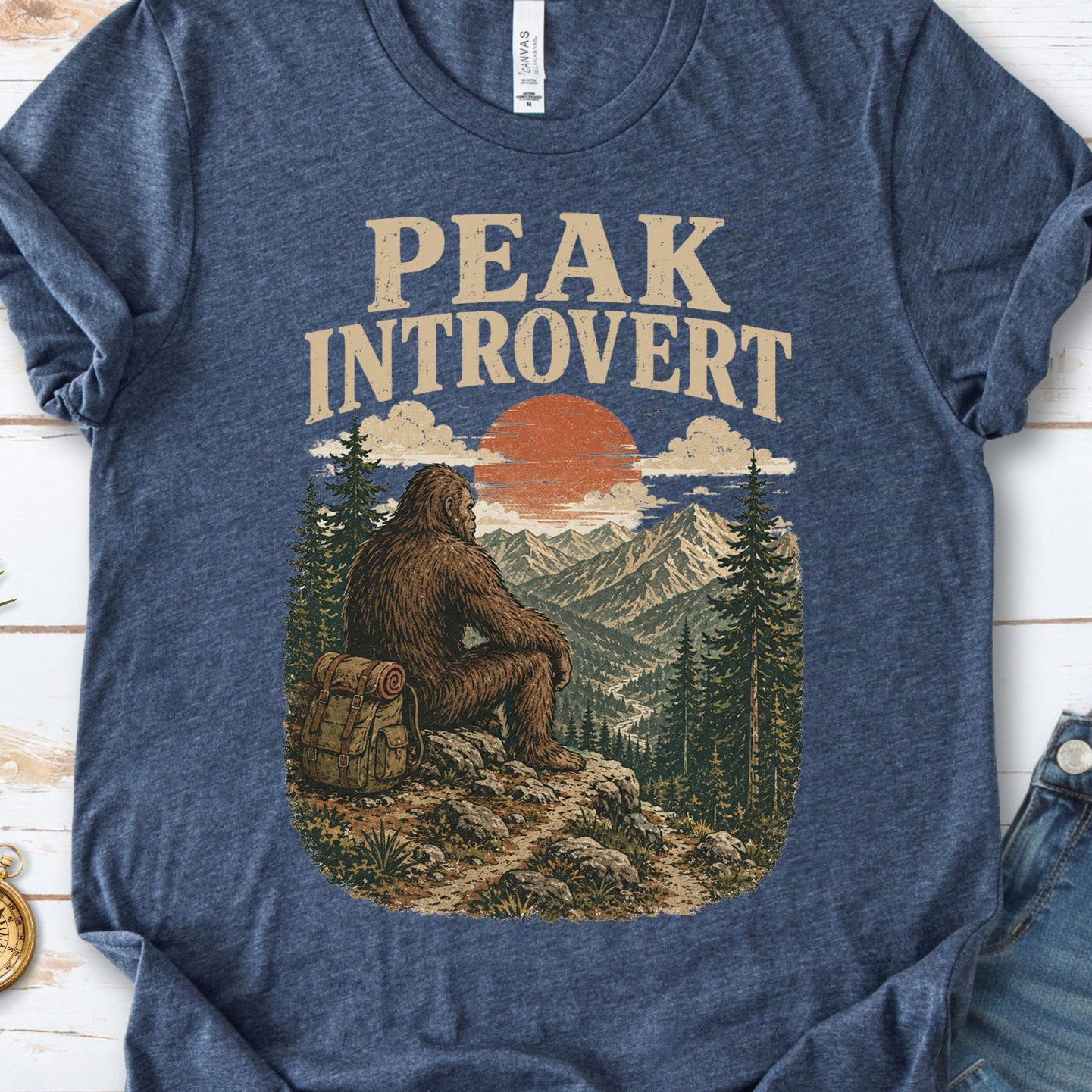 Peak Introvert Bigfoot Sasquatch Retro Mountain Hiking Humor T-Shirt