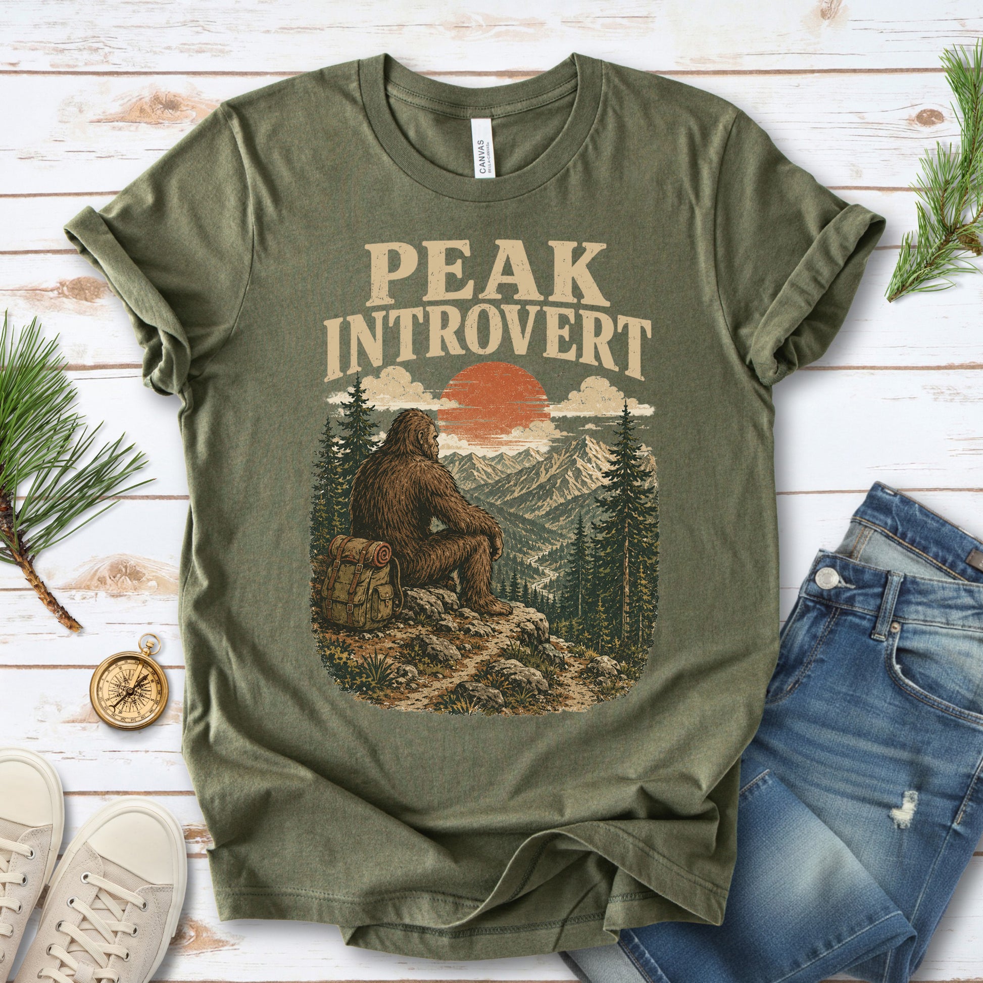 Peak Introvert Bigfoot Sasquatch Retro Mountain Hiking Humor T-Shirt