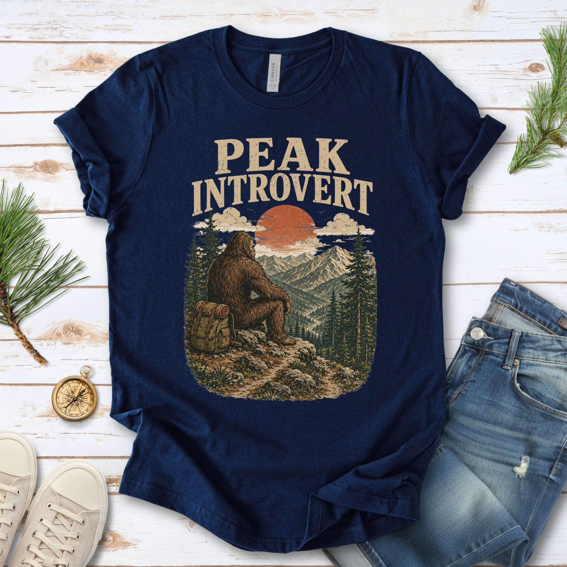 Peak Introvert Bigfoot Sasquatch Retro Mountain Hiking Humor T-Shirt