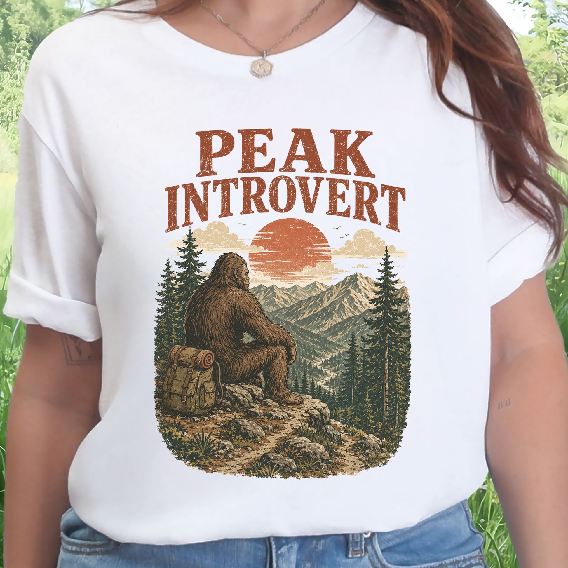 Peak Introvert Bigfoot Sasquatch Retro Mountain Hiking Humor T-Shirt