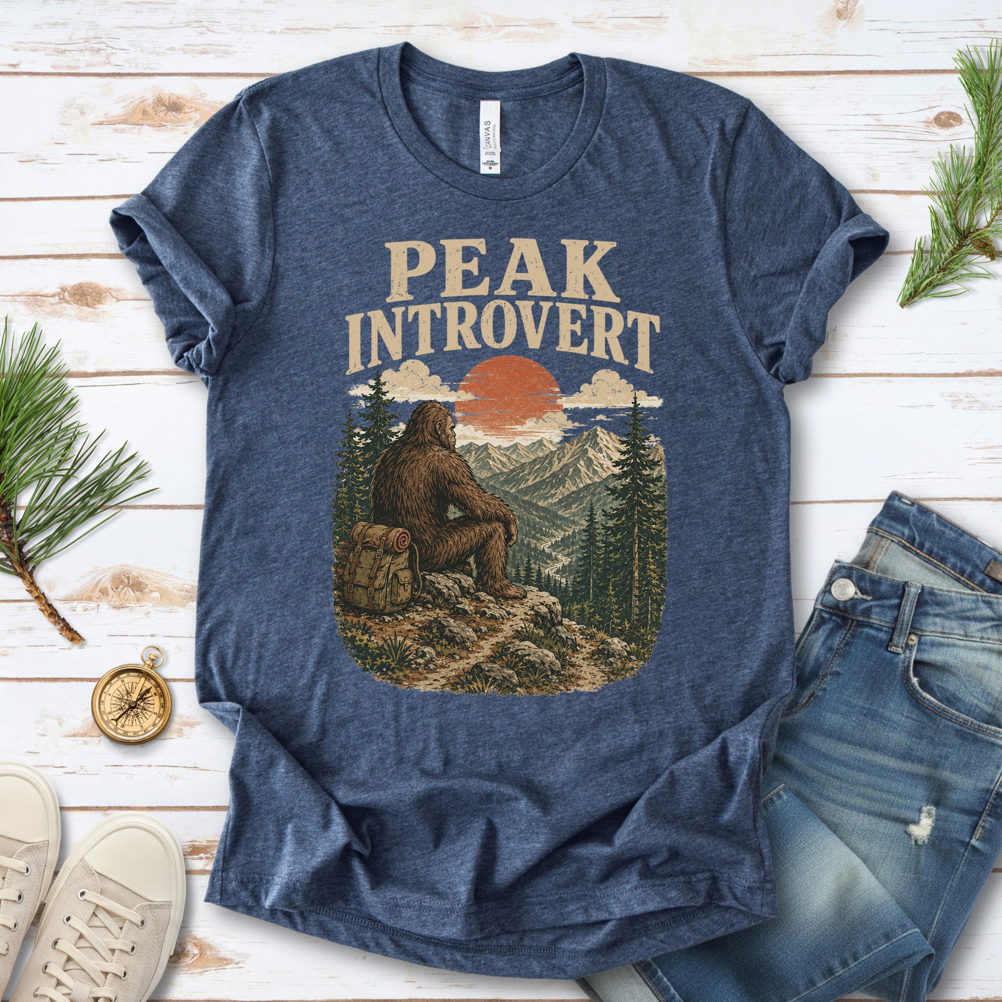 Peak Introvert Bigfoot Sasquatch Retro Mountain Hiking Humor T-Shirt