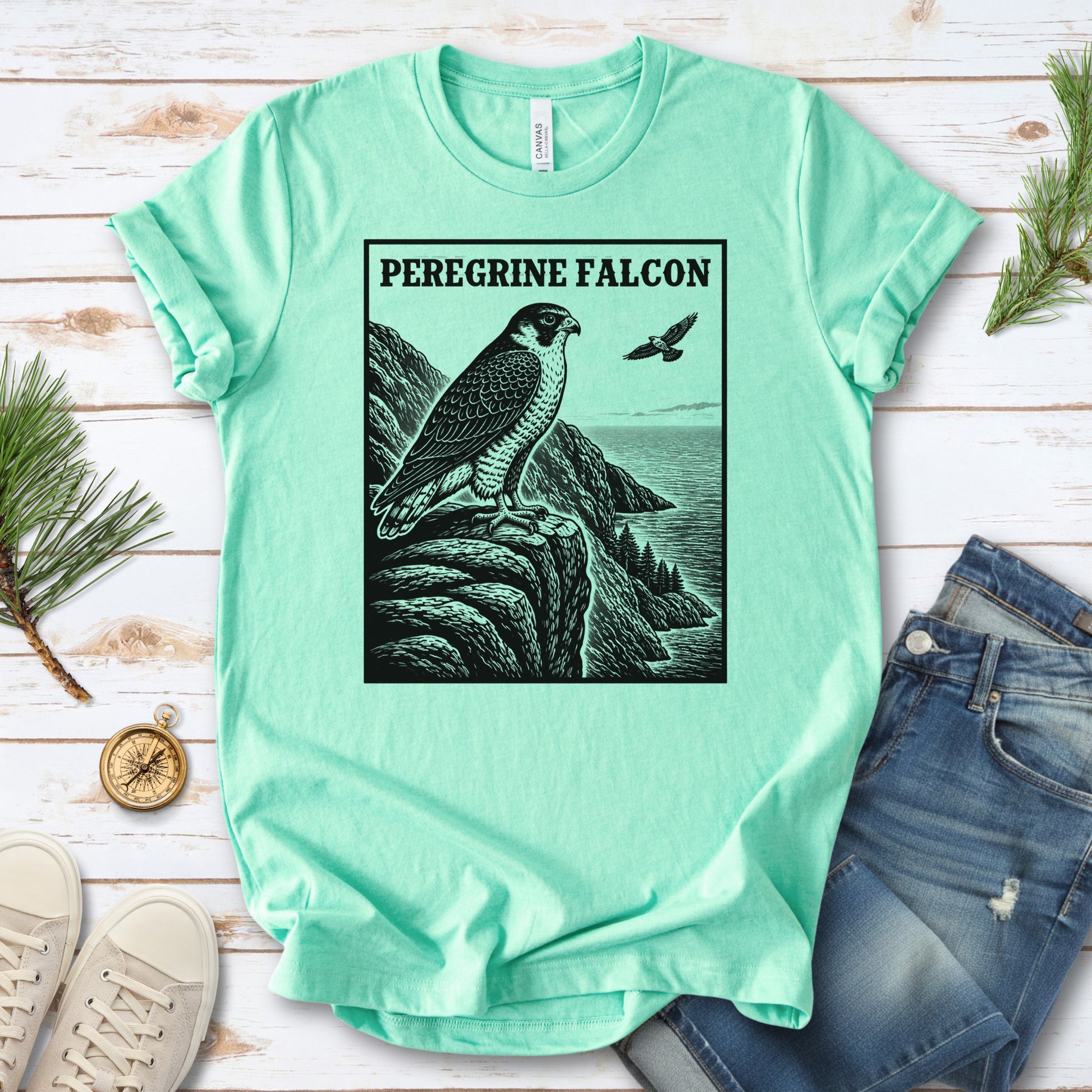 Peregrine Falcon Vintage Raptor Illustration Birdwatching T-Shirt