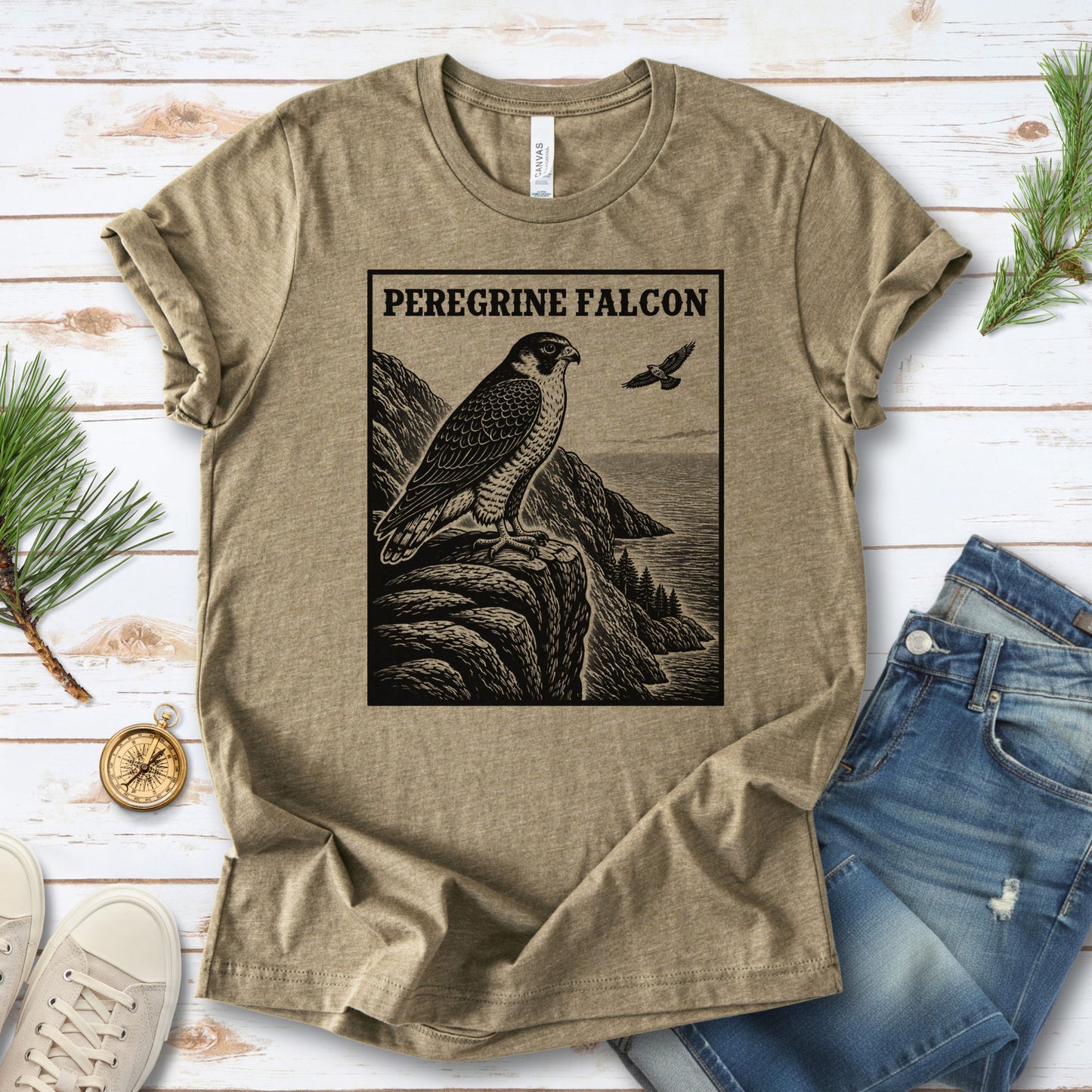Peregrine Falcon Vintage Raptor Illustration Birdwatching T-Shirt