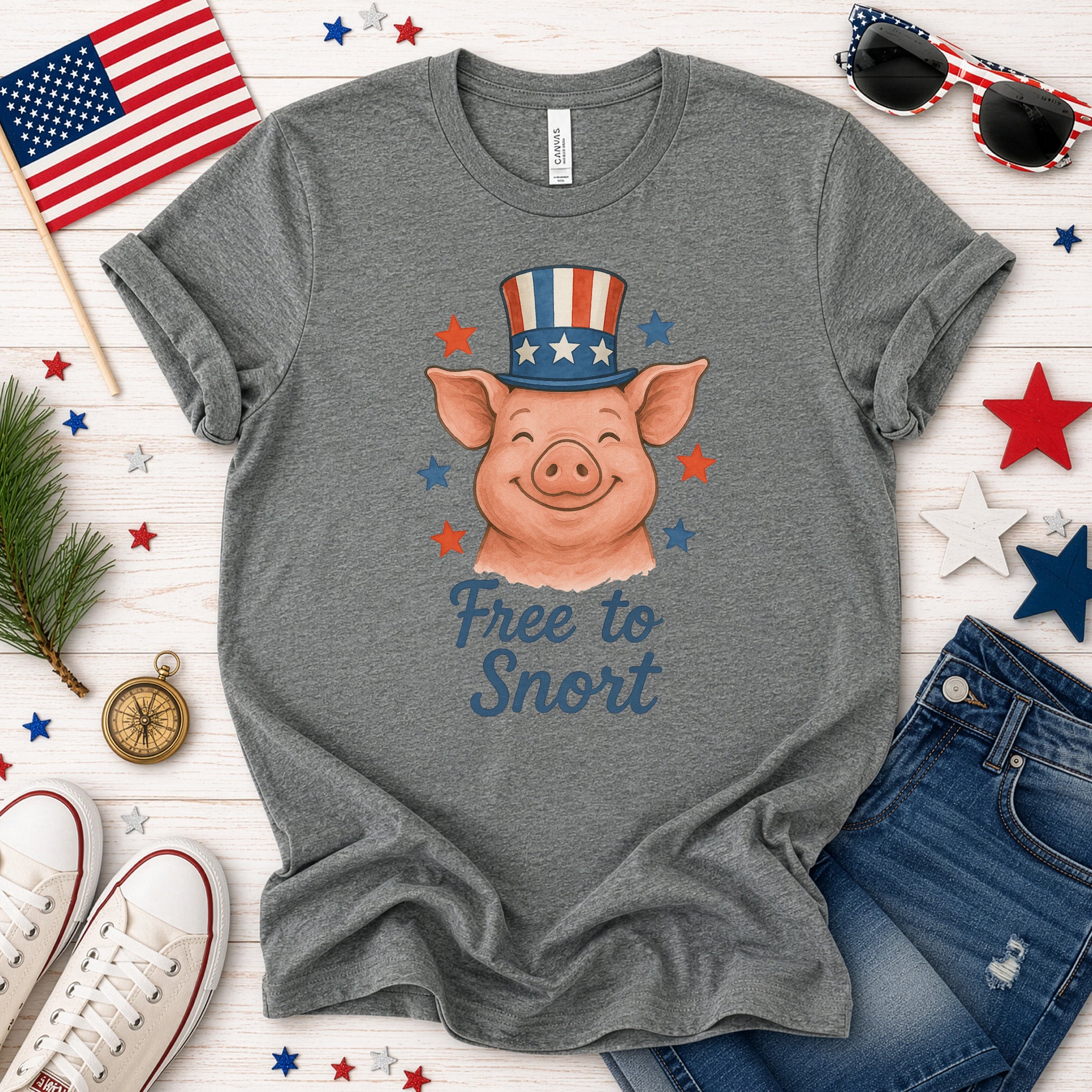 Cute Pig Free to Snort 4th of July T-Shirt