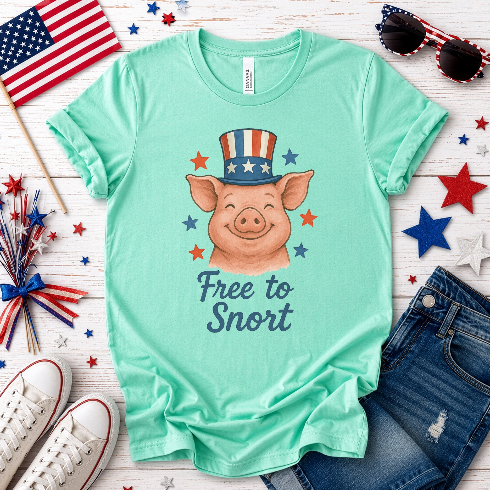 Cute Pig Free to Snort 4th of July T-Shirt