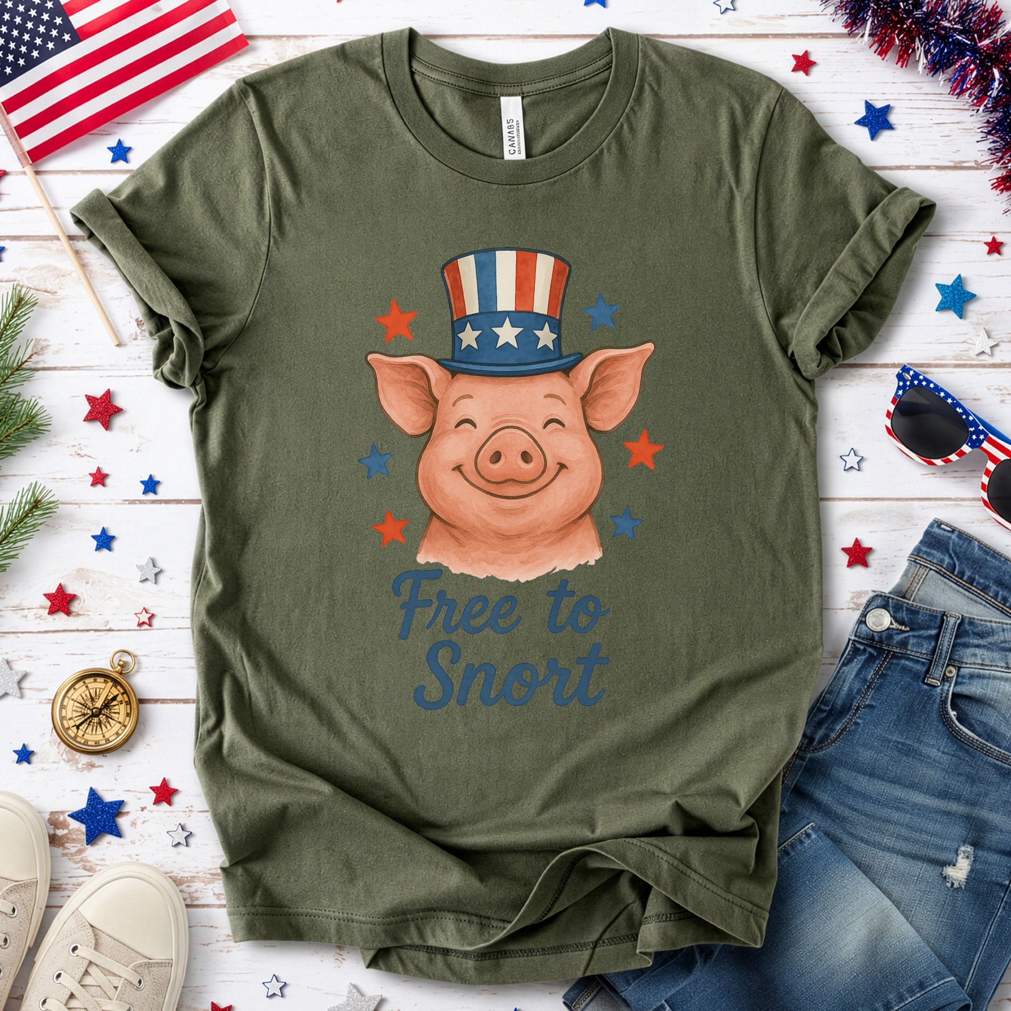 Cute Pig Free to Snort 4th of July T-Shirt