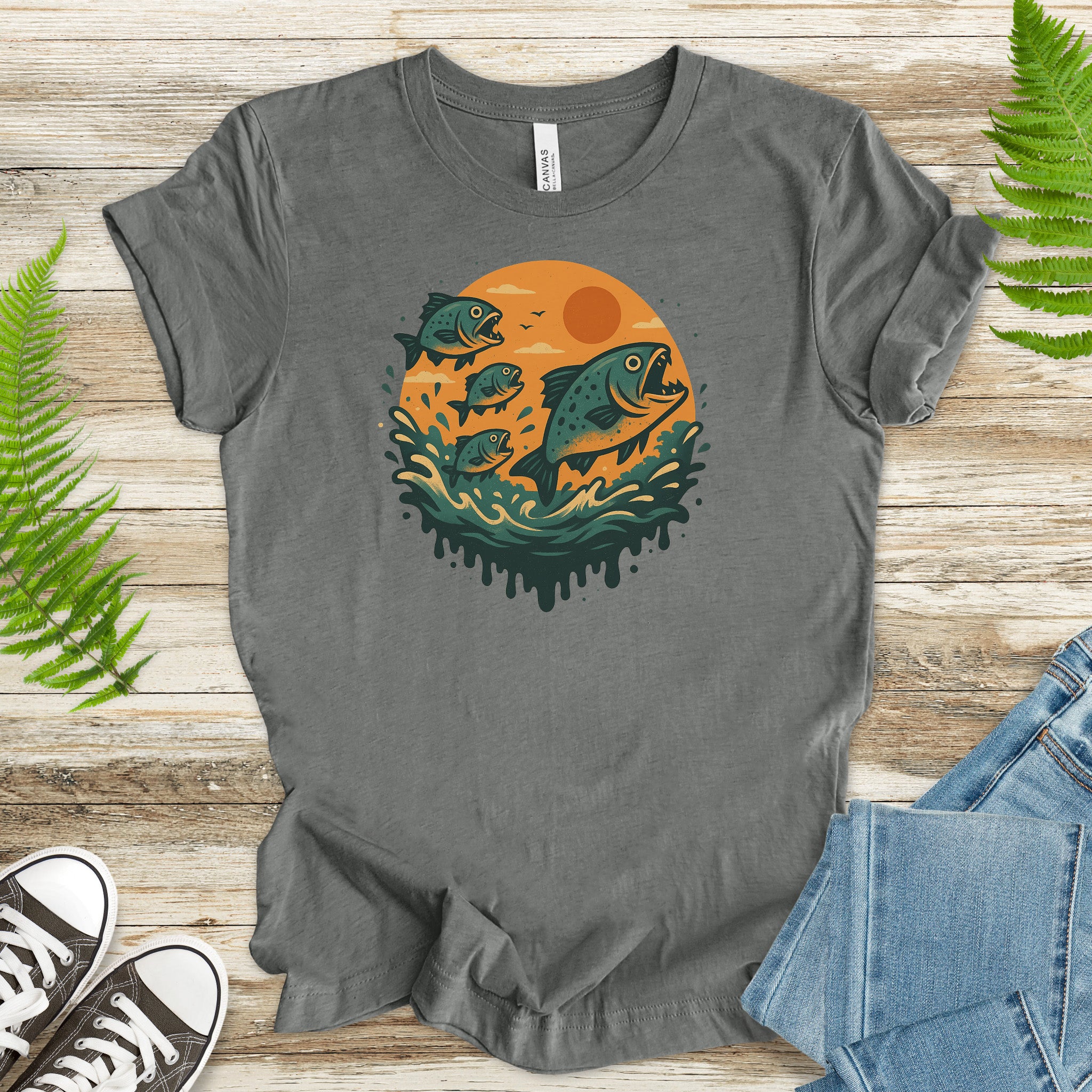 Piranha Fish Splash T-Shirt – Retro Jungle River Wildlife Tee