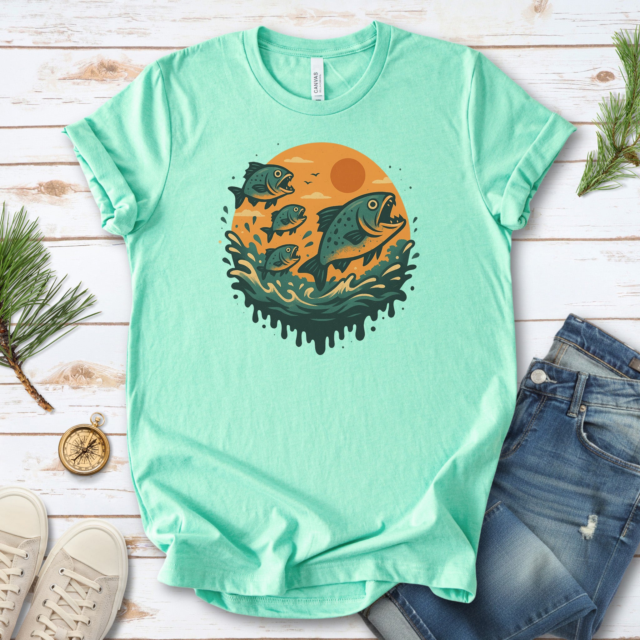 Piranha Fish Splash T-Shirt – Retro Jungle River Wildlife Tee