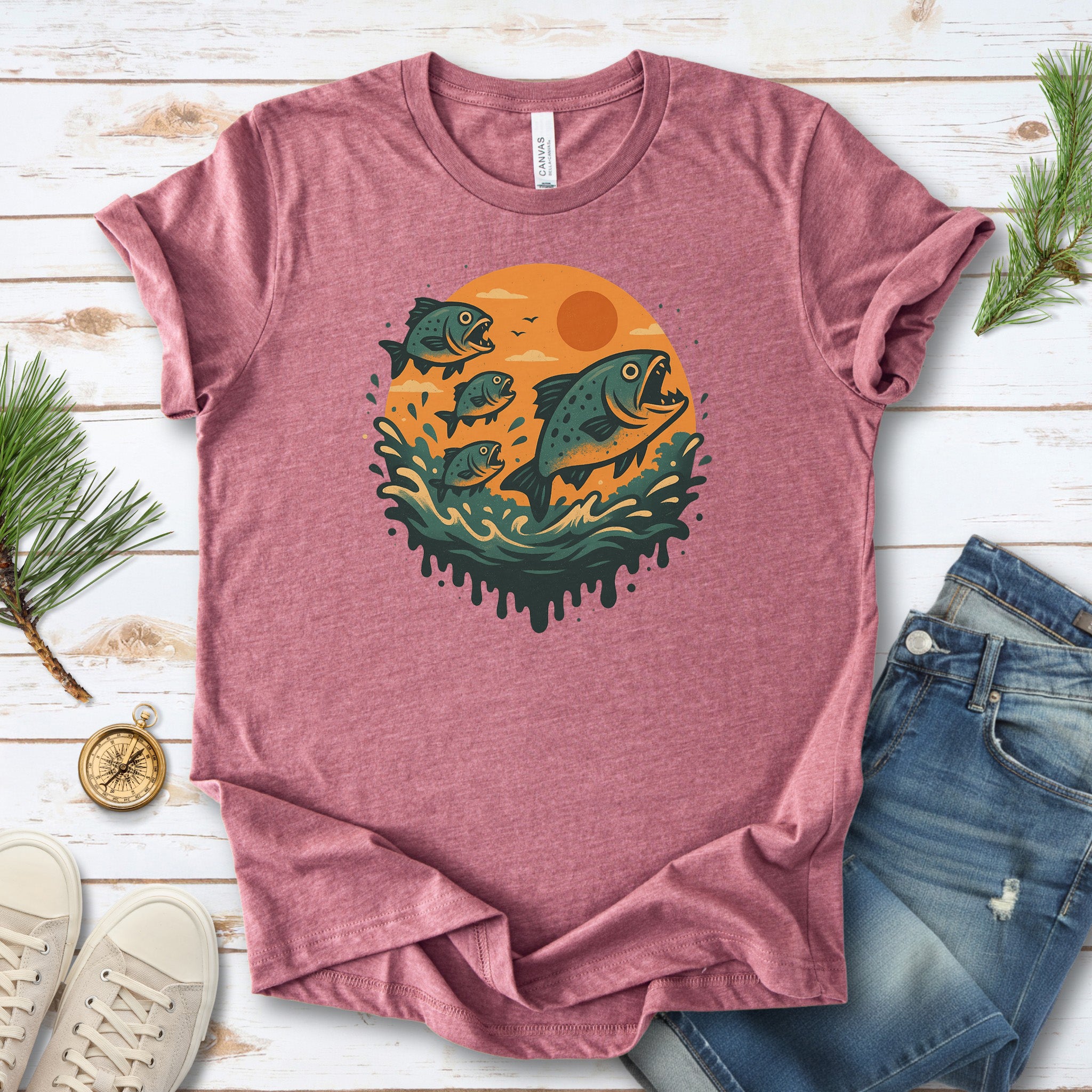 Piranha Fish Splash T-Shirt – Retro Jungle River Wildlife Tee