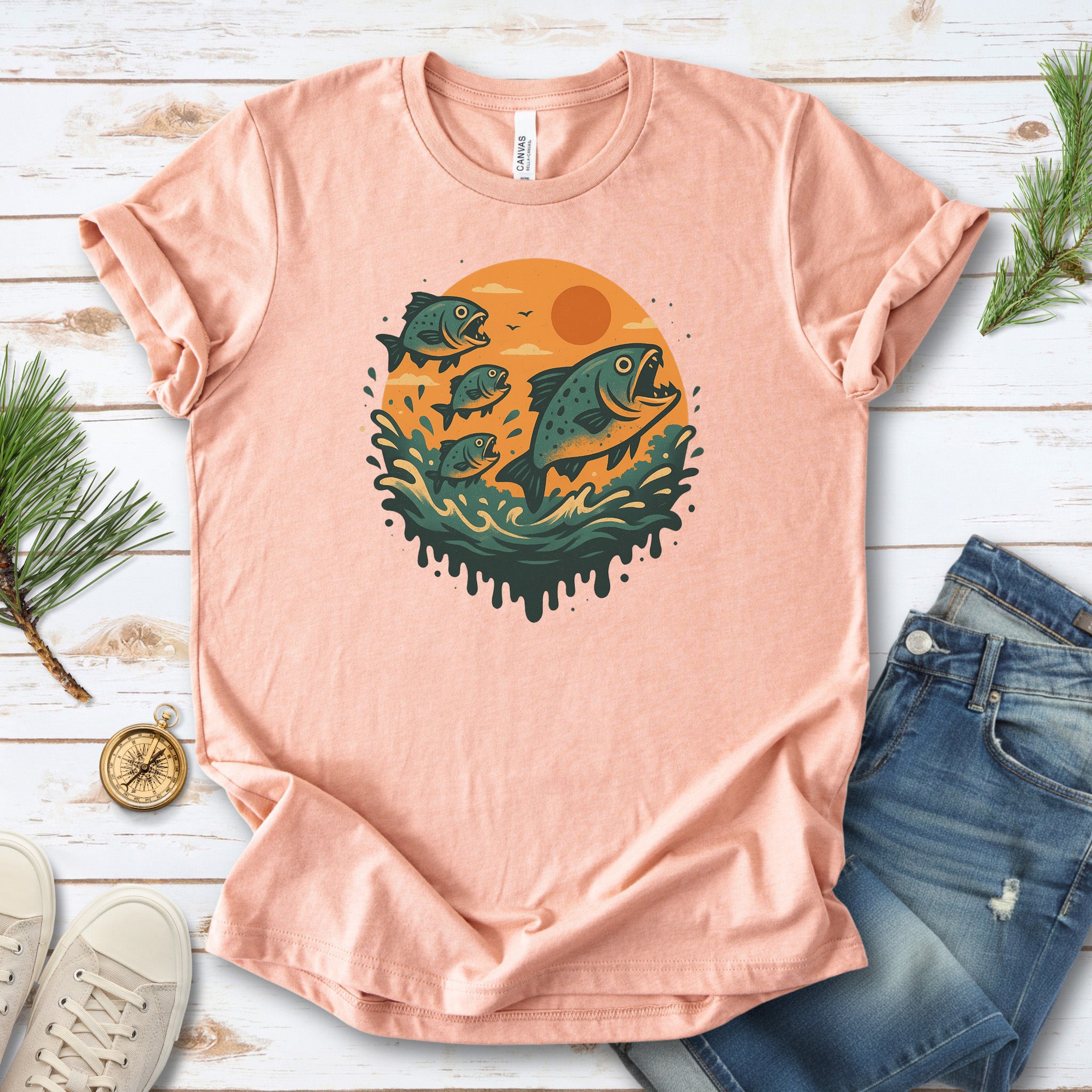 Piranha Fish Splash T-Shirt – Retro Jungle River Wildlife Tee