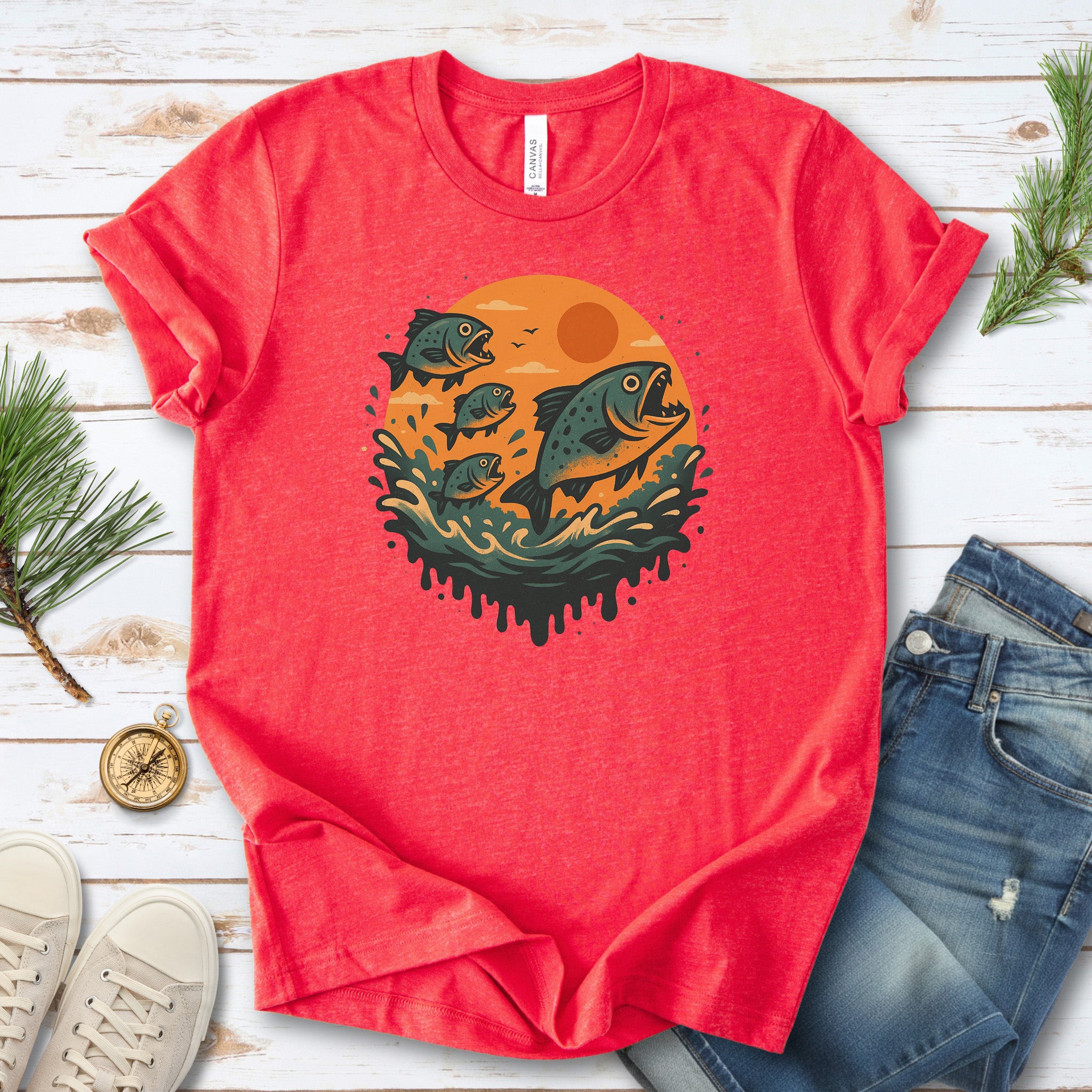 Piranha Fish Splash T-Shirt – Retro Jungle River Wildlife Tee