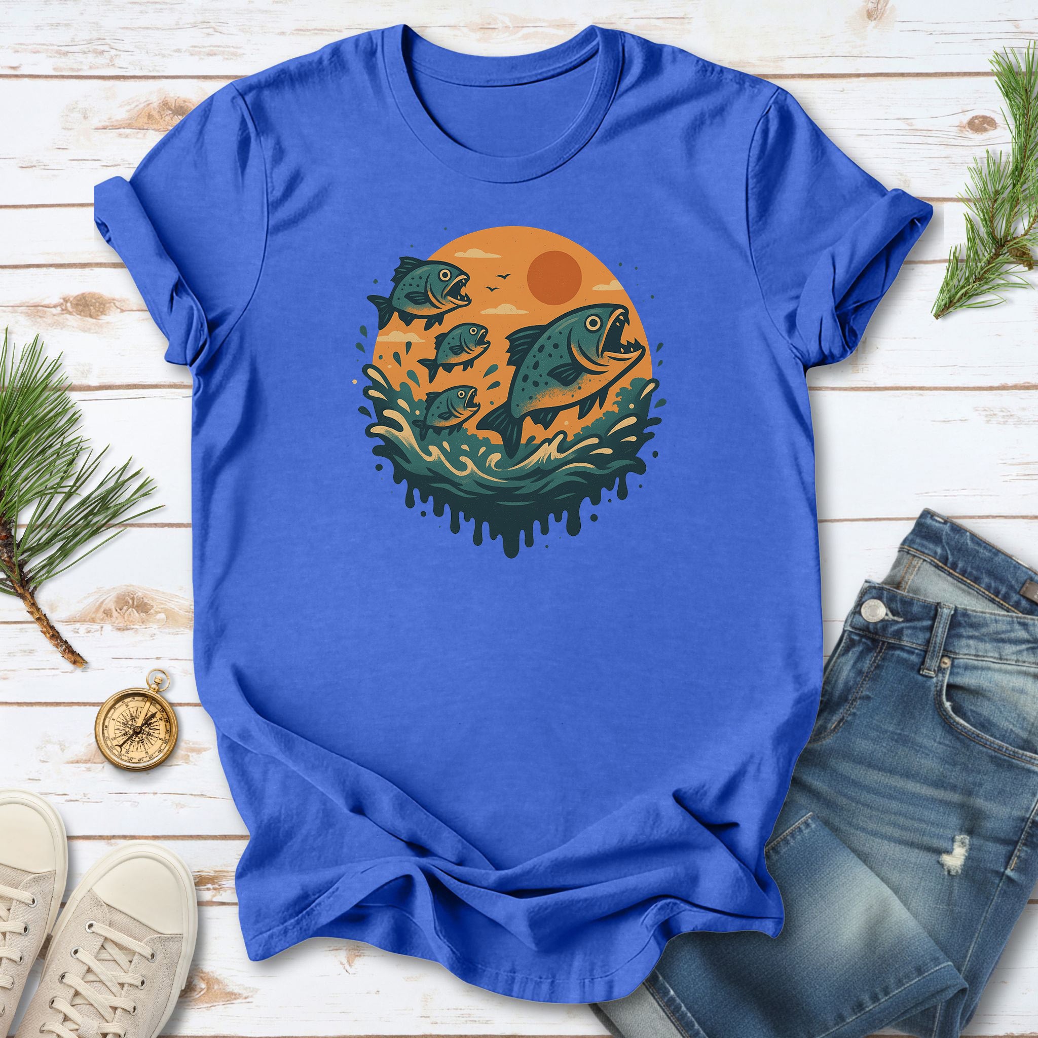 Piranha Fish Splash T-Shirt – Retro Jungle River Wildlife Tee