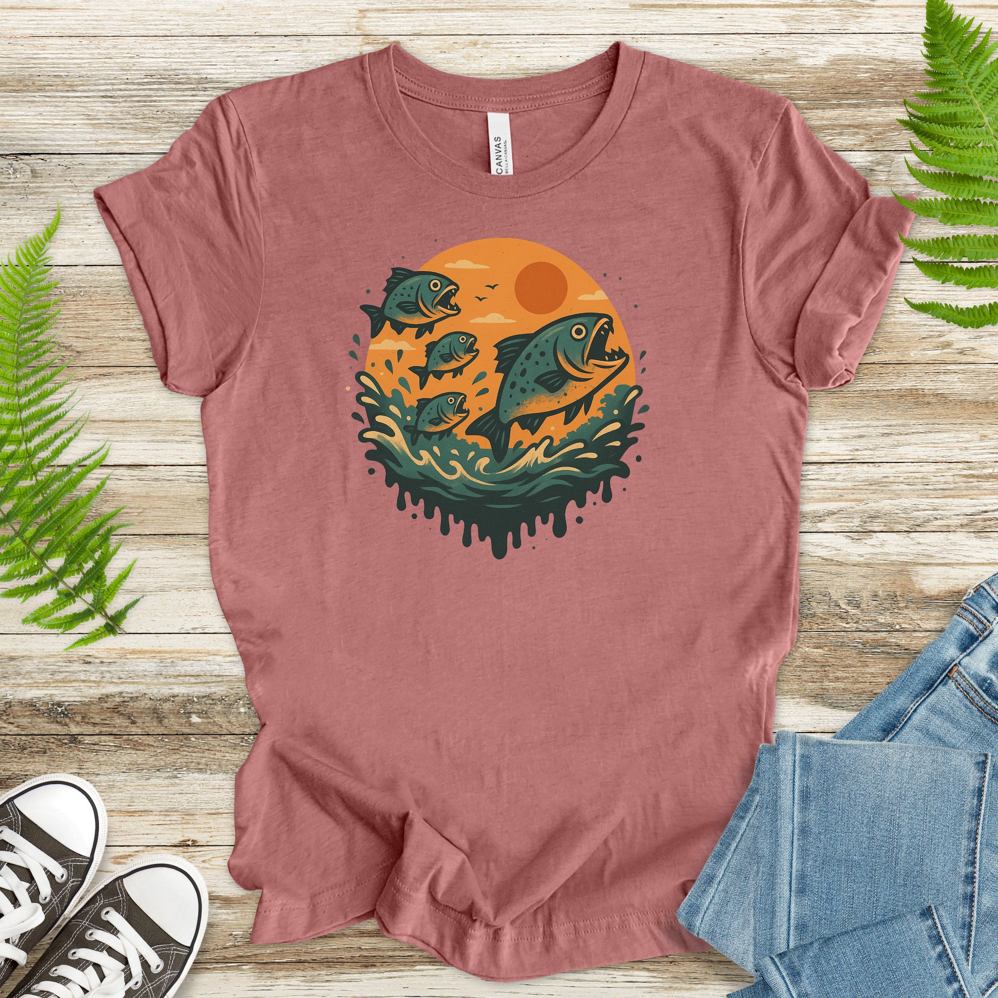 Piranha Fish Splash T-Shirt – Retro Jungle River Wildlife Tee