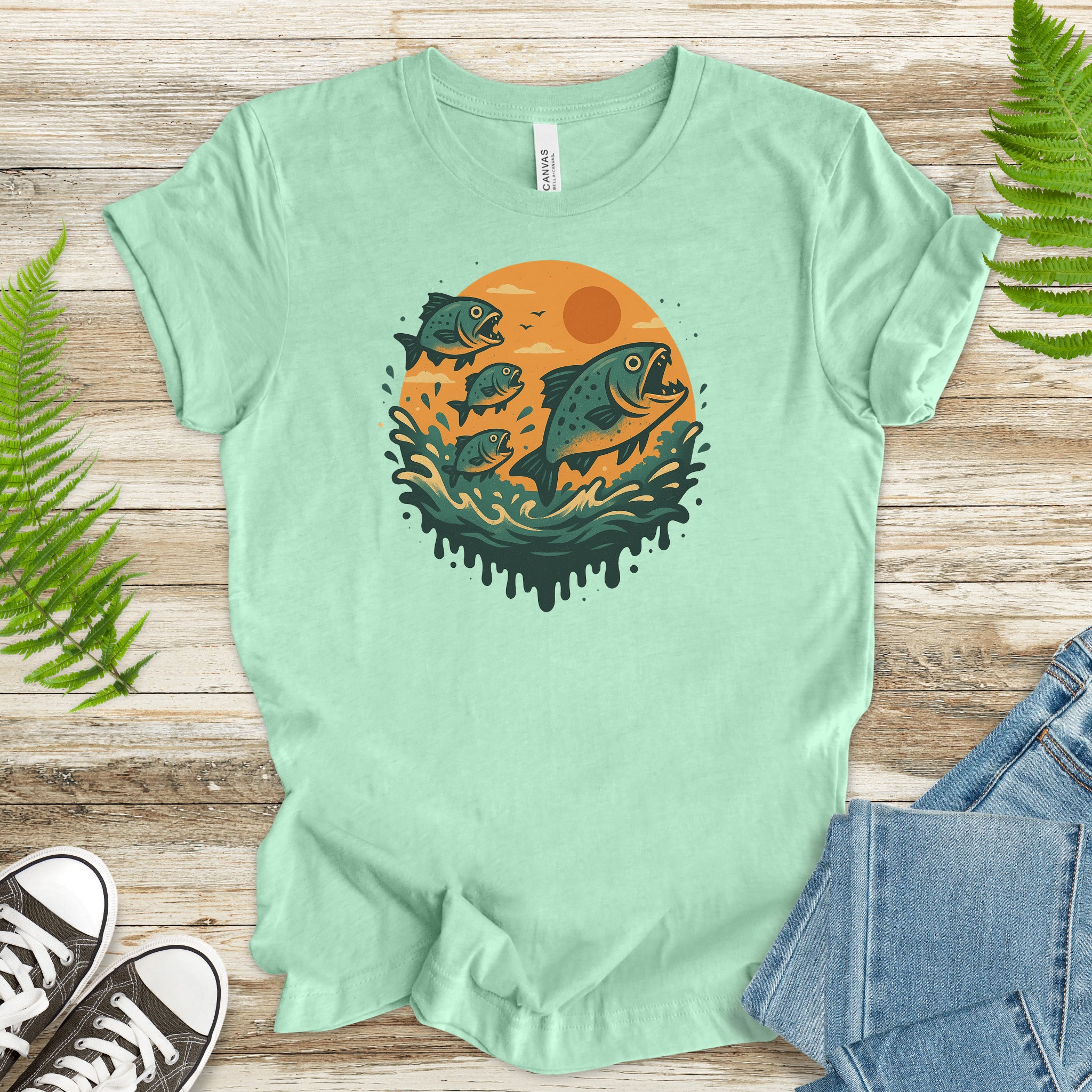 Piranha Fish Splash T-Shirt – Retro Jungle River Wildlife Tee
