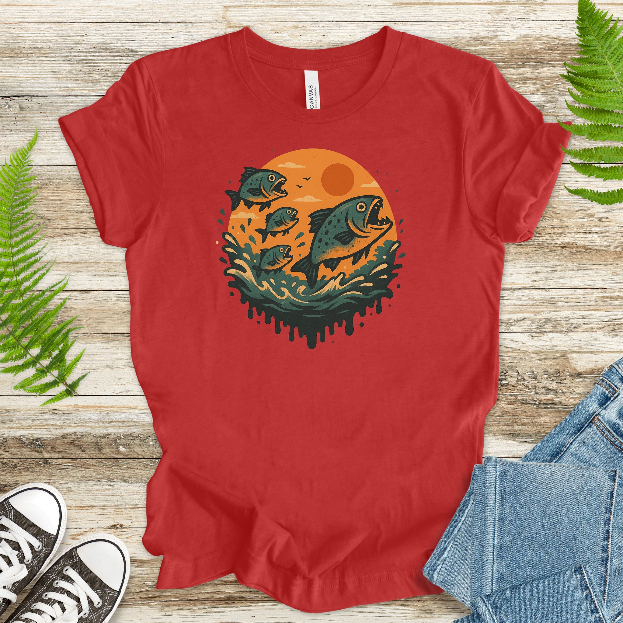 Piranha Fish Splash T-Shirt – Retro Jungle River Wildlife Tee