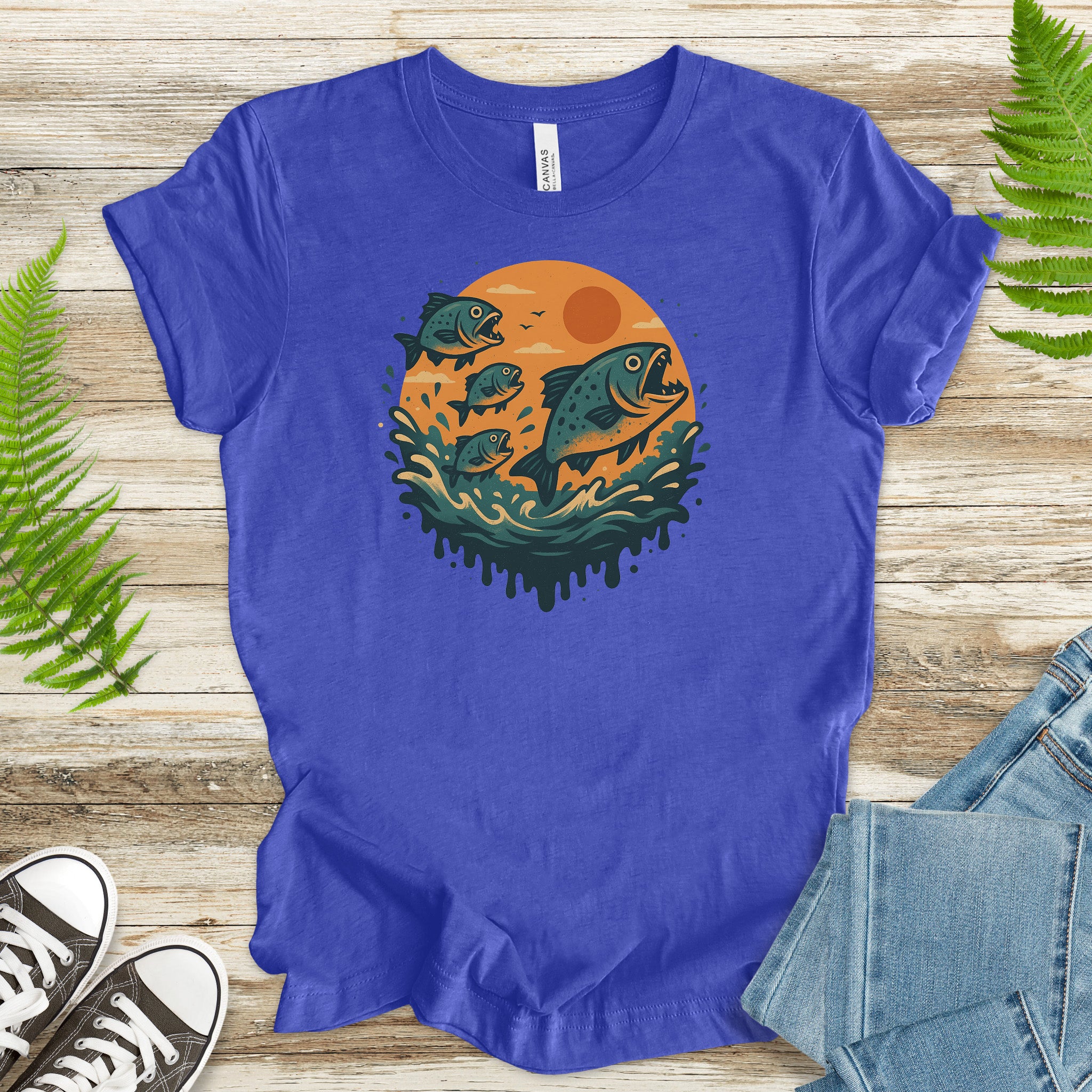 Piranha Fish Splash T-Shirt – Retro Jungle River Wildlife Tee