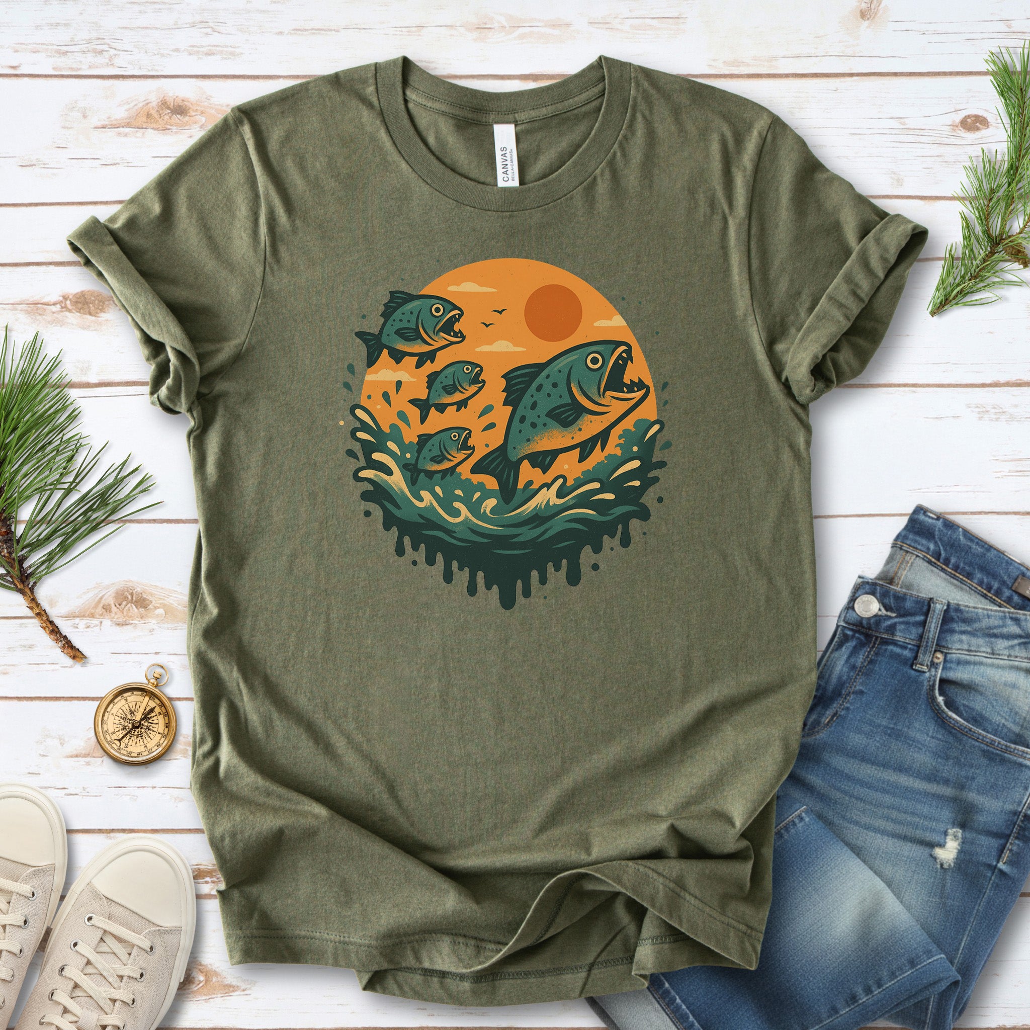 Piranha Fish Splash T-Shirt – Retro Jungle River Wildlife Tee