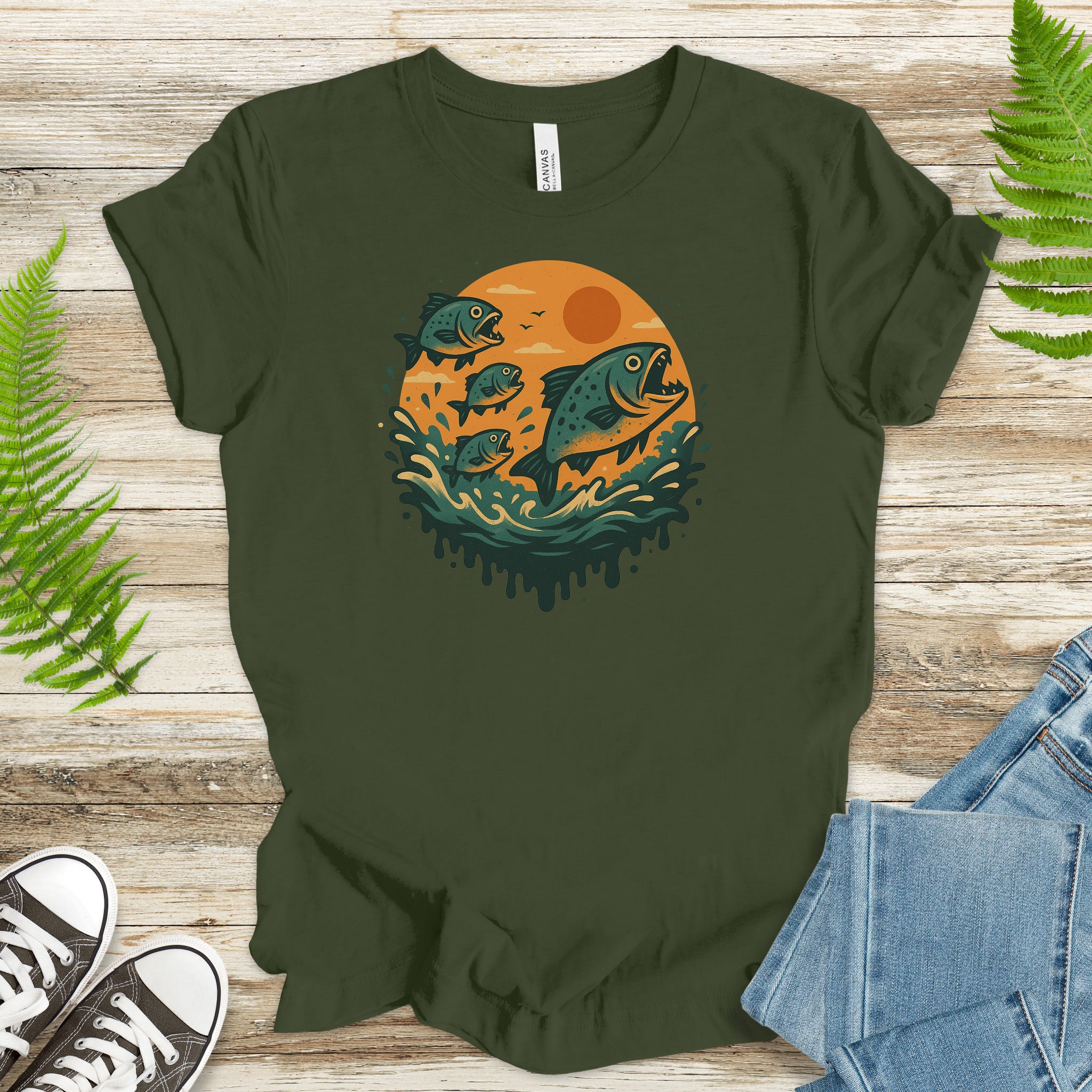 Piranha Fish Splash T-Shirt – Retro Jungle River Wildlife Tee