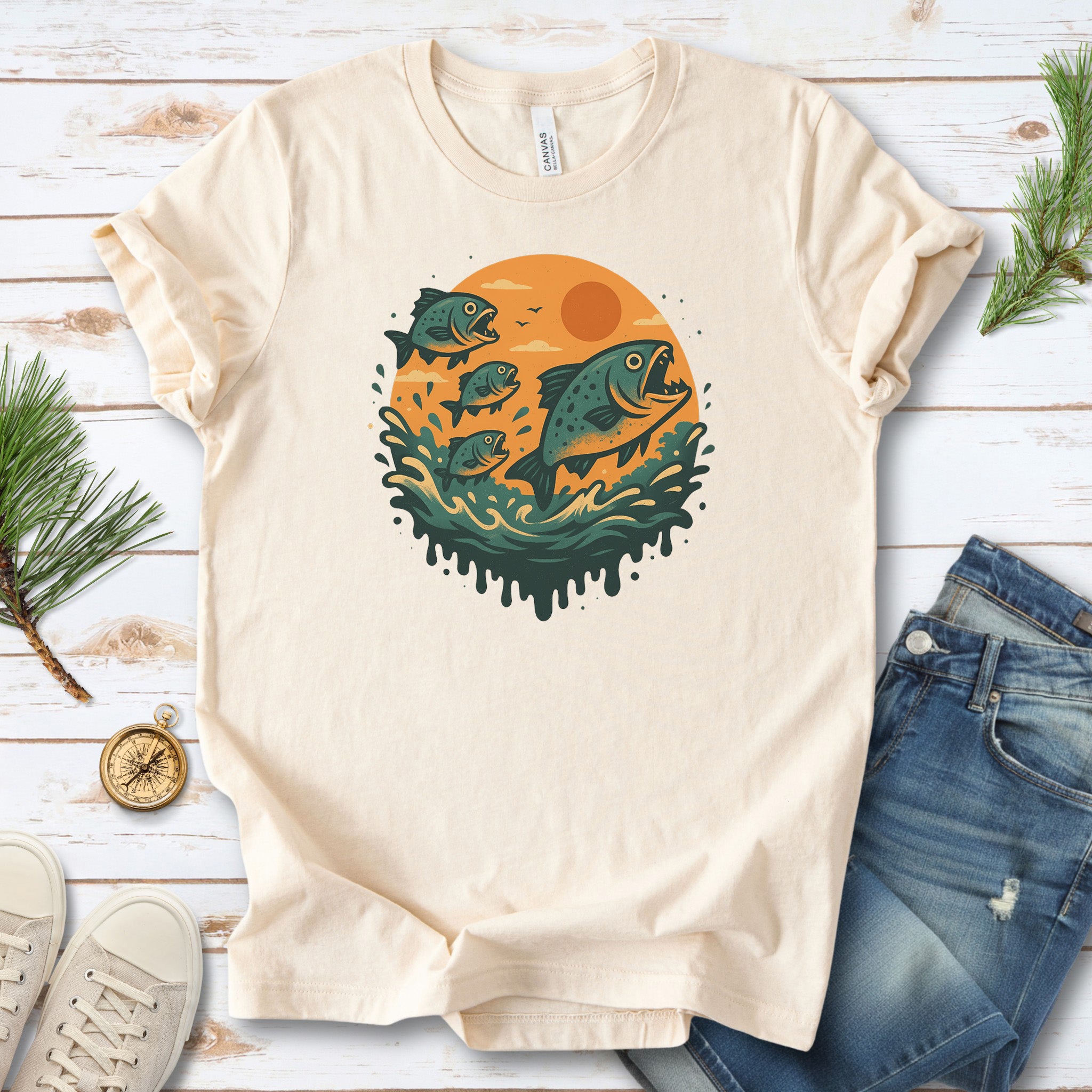 Piranha Fish Splash T-Shirt – Retro Jungle River Wildlife Tee