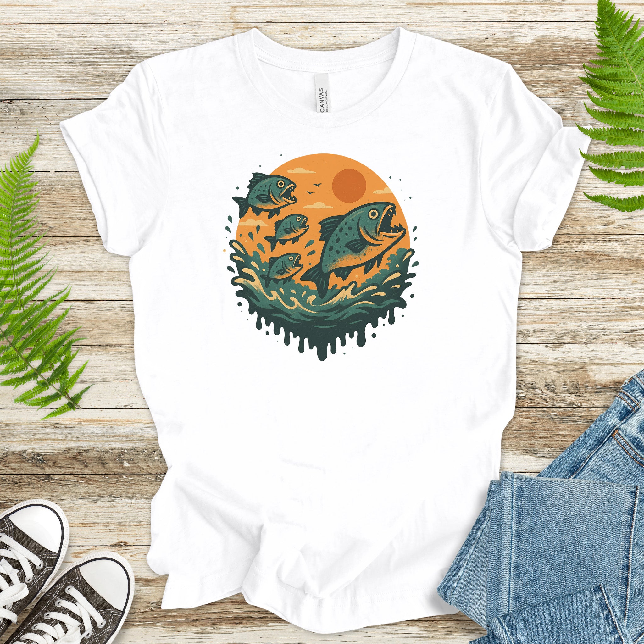 Piranha Fish Splash T-Shirt – Retro Jungle River Wildlife Tee