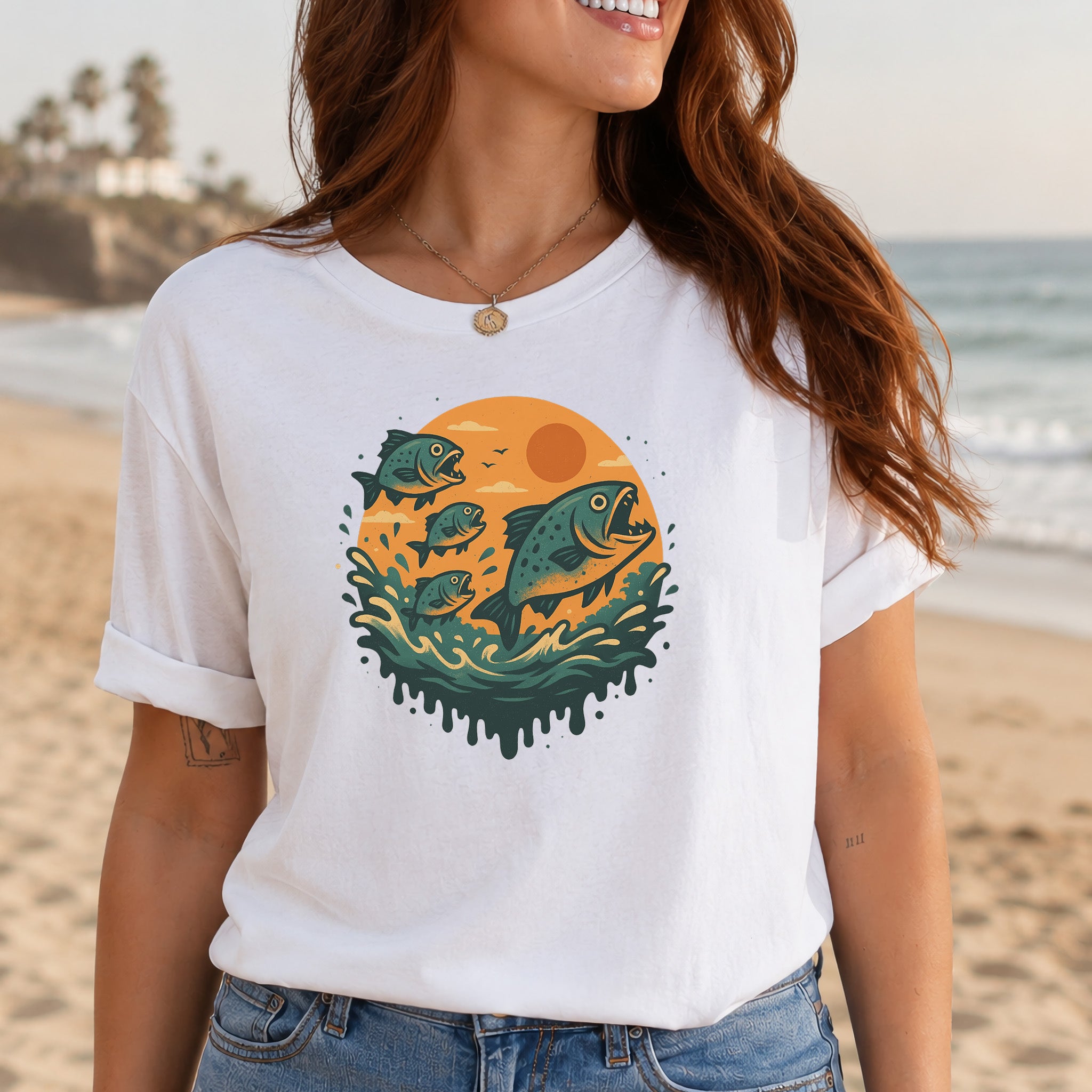 Piranha Fish Splash T-Shirt – Retro Jungle River Wildlife Tee