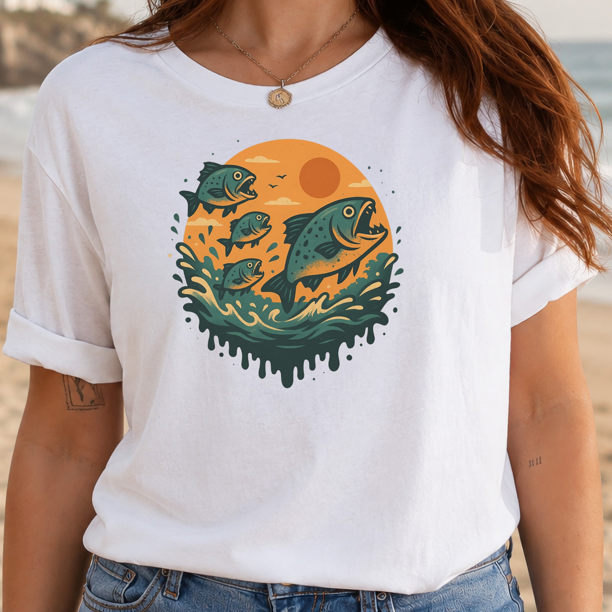 Piranha Fish Splash T-Shirt – Retro Jungle River Wildlife Tee