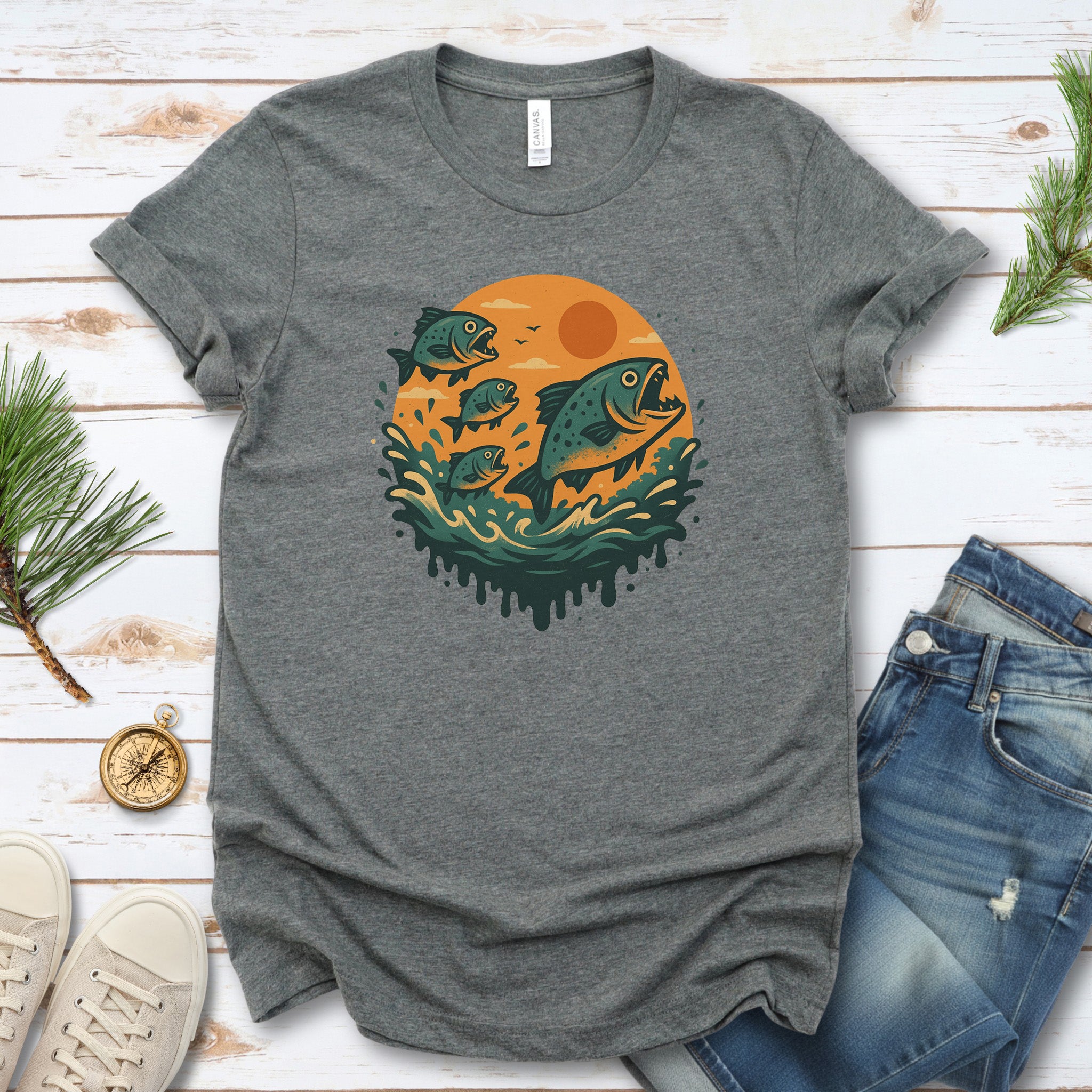 Piranha Fish Splash T-Shirt – Retro Jungle River Wildlife Tee