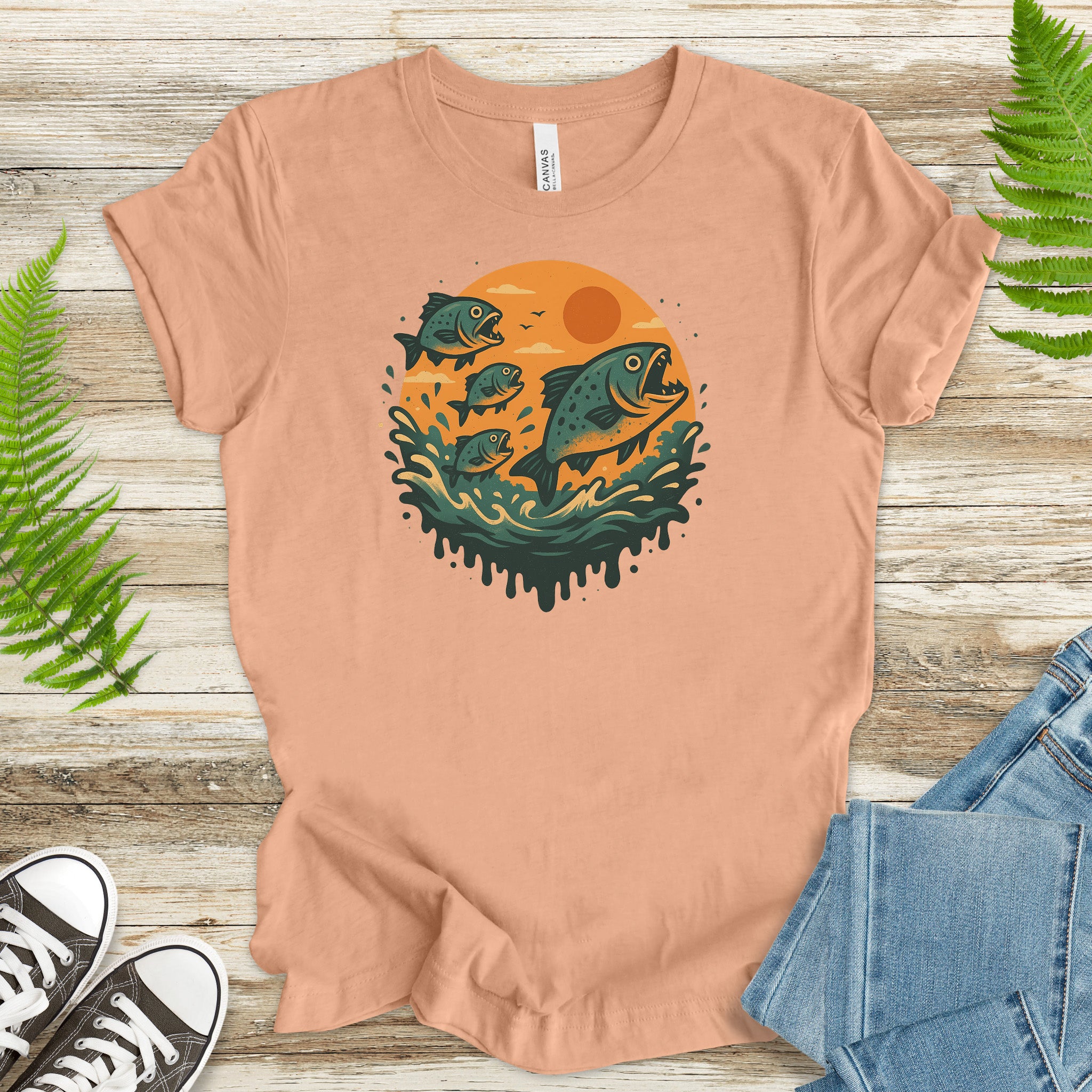 Piranha Fish Splash T-Shirt – Retro Jungle River Wildlife Tee