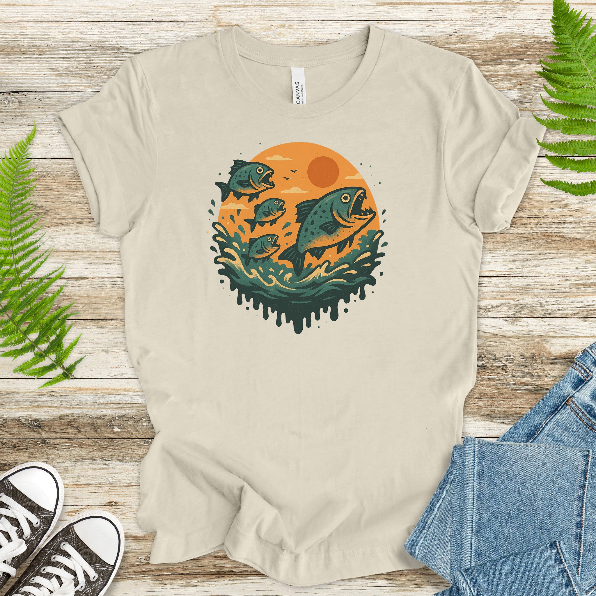 Piranha Fish Splash T-Shirt – Retro Jungle River Wildlife Tee