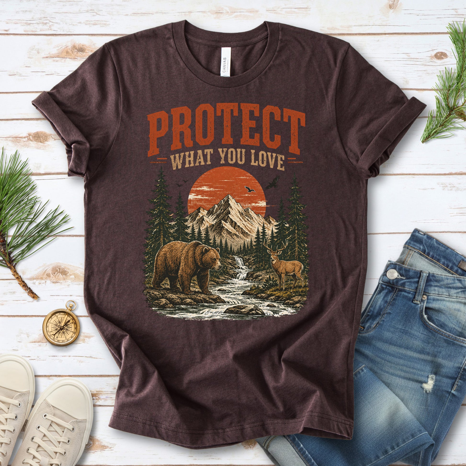 Protect What You Love Retro Bear Deer Mountain Nature Graphic T-Shirt