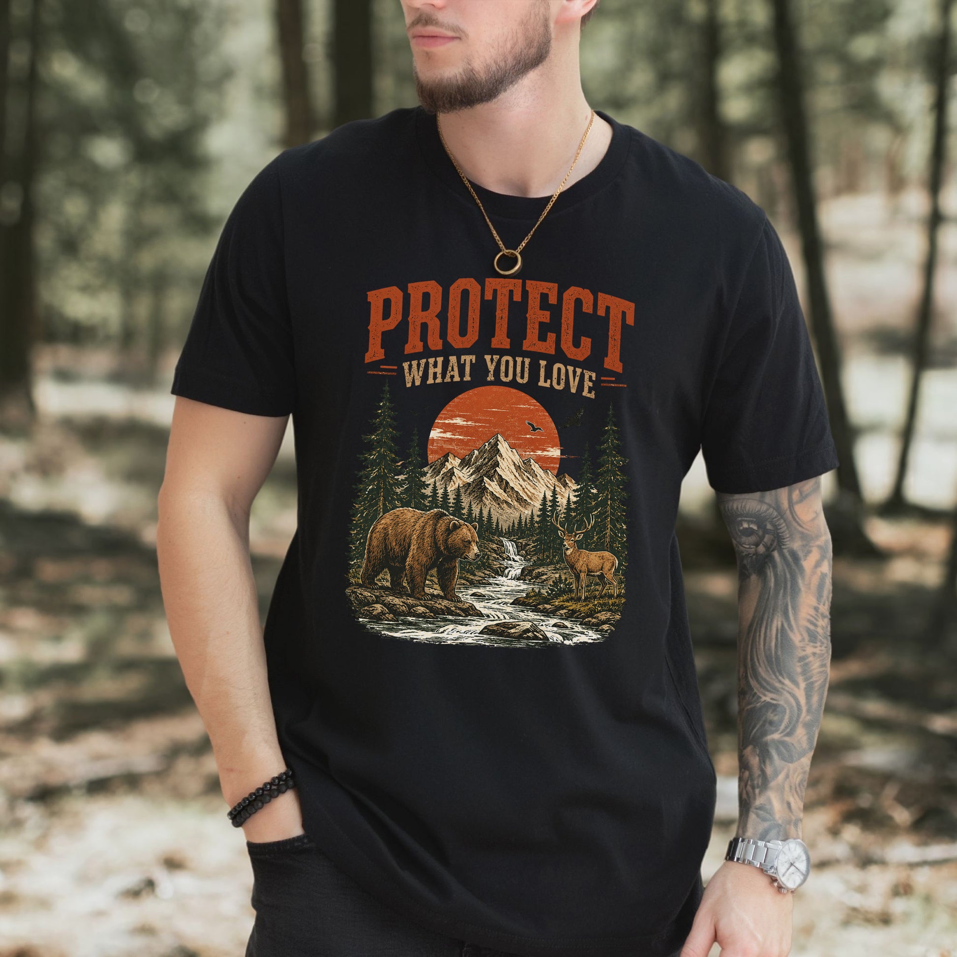 Protect What You Love Retro Bear Deer Mountain Nature Graphic T-Shirt
