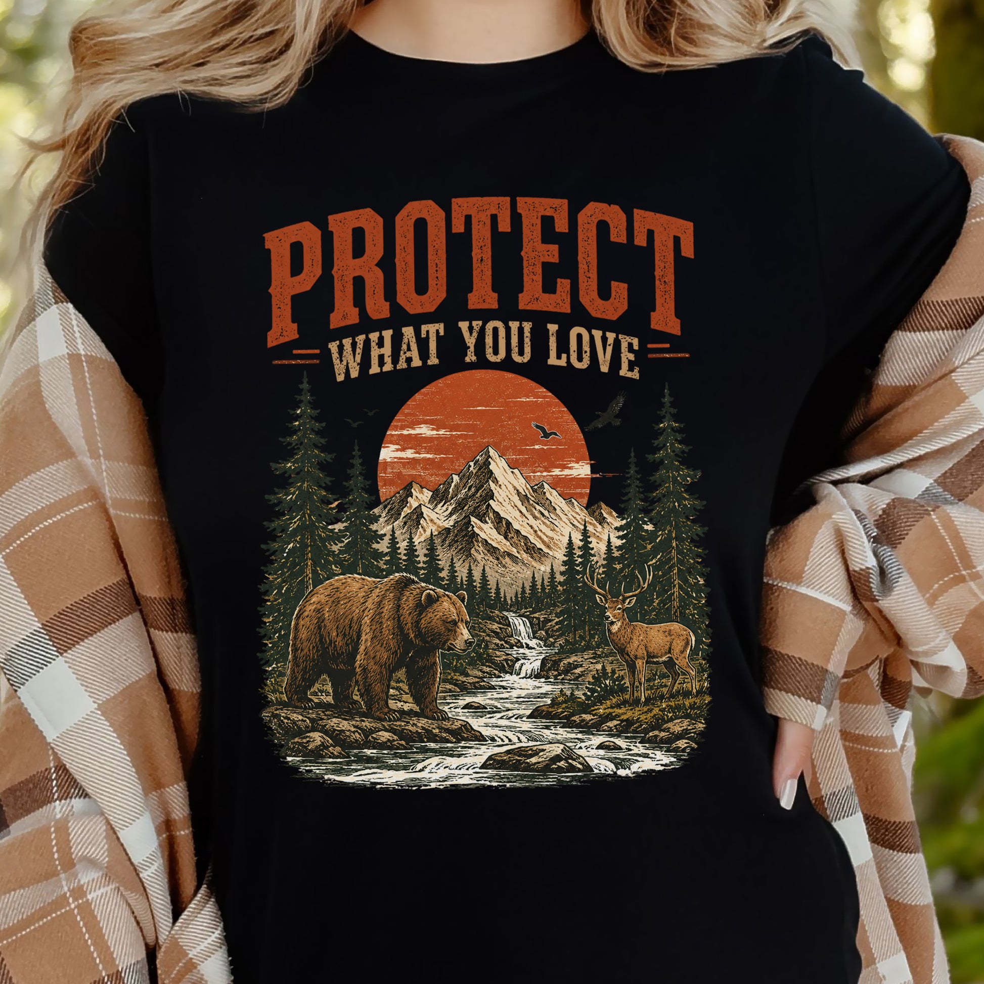 Protect What You Love Retro Bear Deer Mountain Nature Graphic T-Shirt