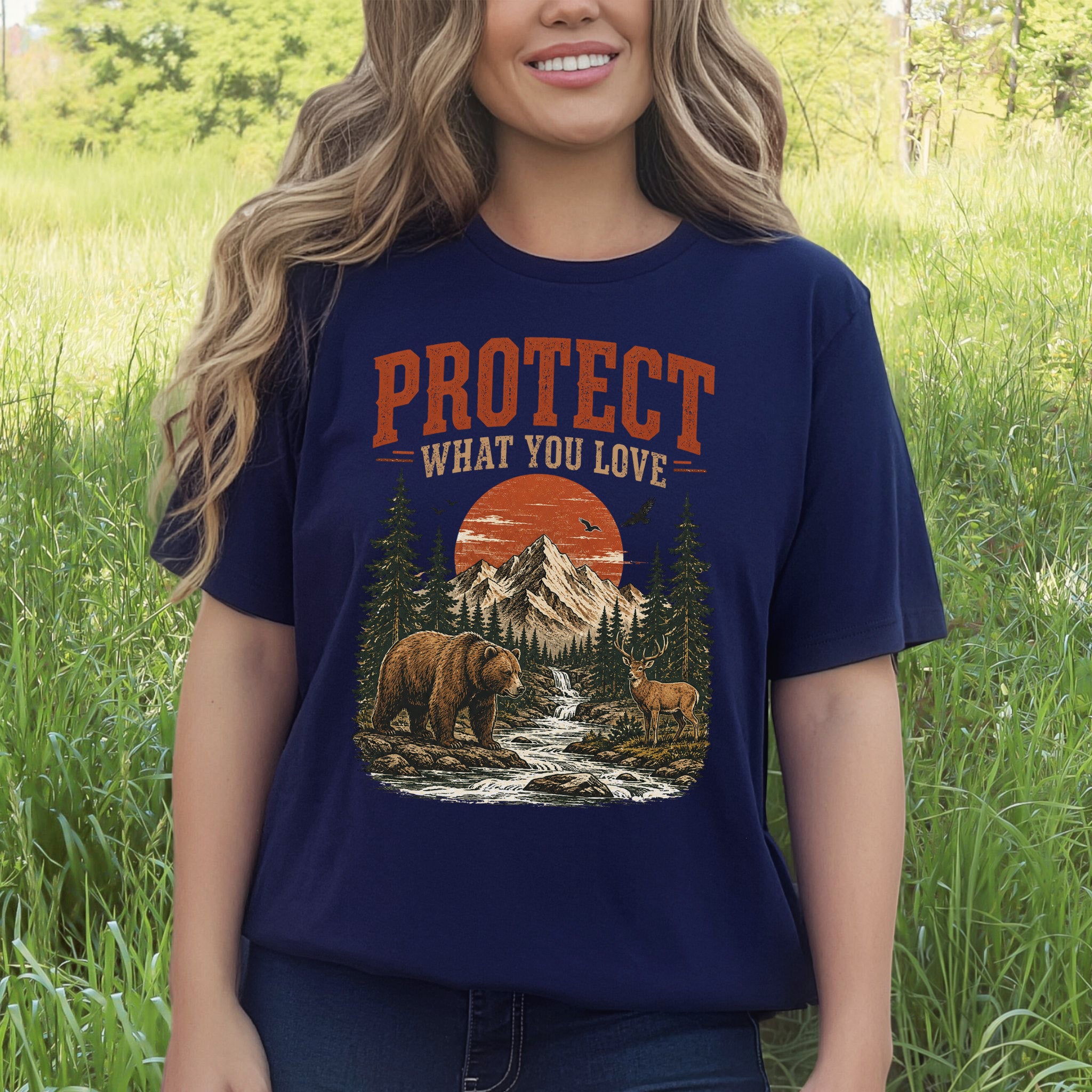 Protect What You Love Retro Bear Deer Mountain Nature Graphic T-Shirt