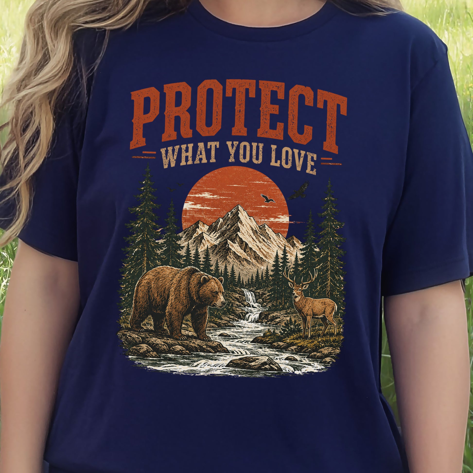 Protect What You Love Retro Bear Deer Mountain Nature Graphic T-Shirt