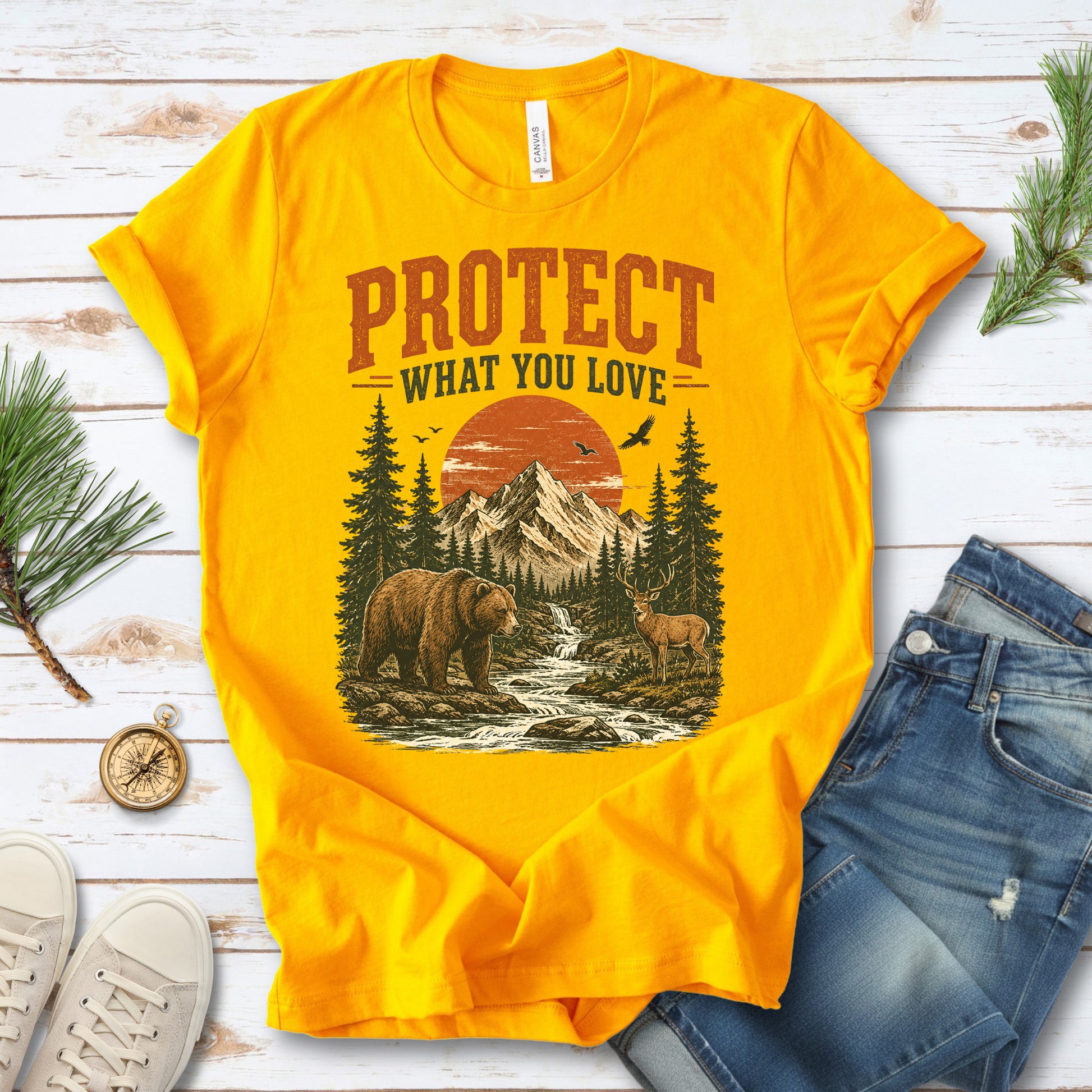 Protect What You Love Retro Bear Deer Mountain Nature Graphic T-Shirt