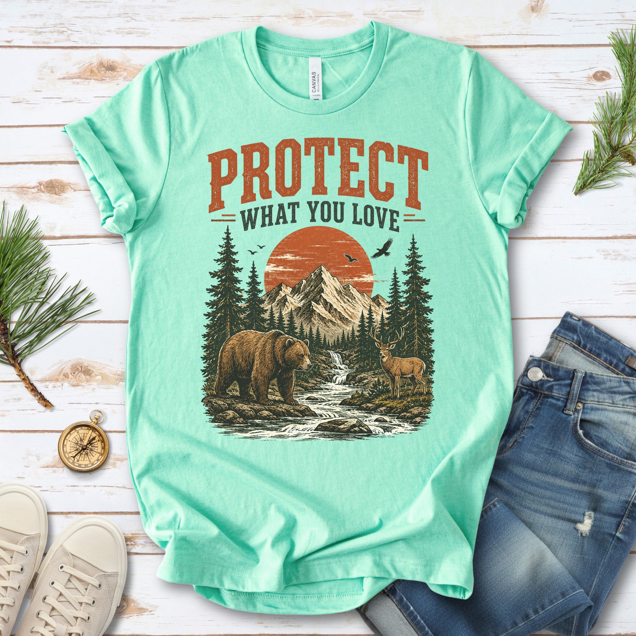 Protect What You Love Retro Bear Deer Mountain Nature Graphic T-Shirt