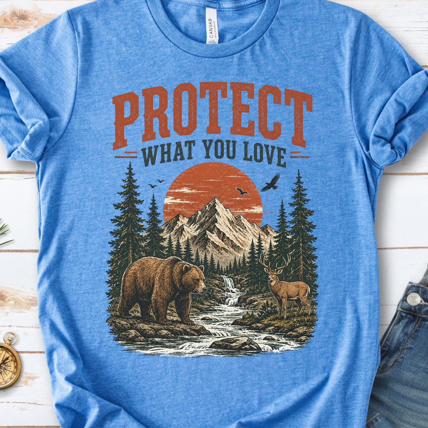 Protect What You Love Retro Bear Deer Mountain Nature Graphic T-Shirt